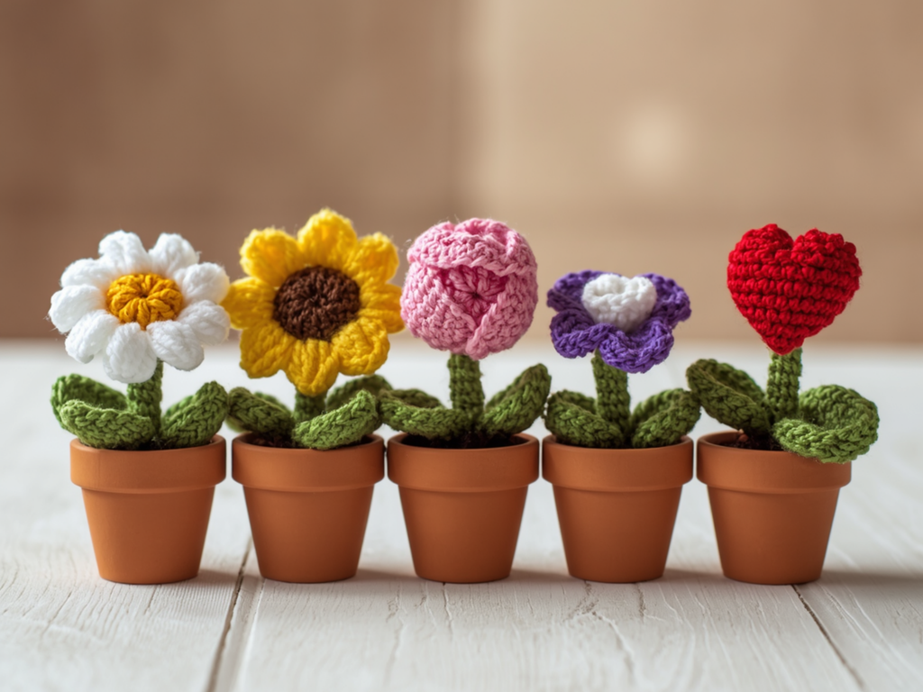 Easy beginner crochet pattern Mini Crochet Flower Pot Patterns Bundle | Daisy, Sunflower, Tulip, Violet, Heart (PDF Download)