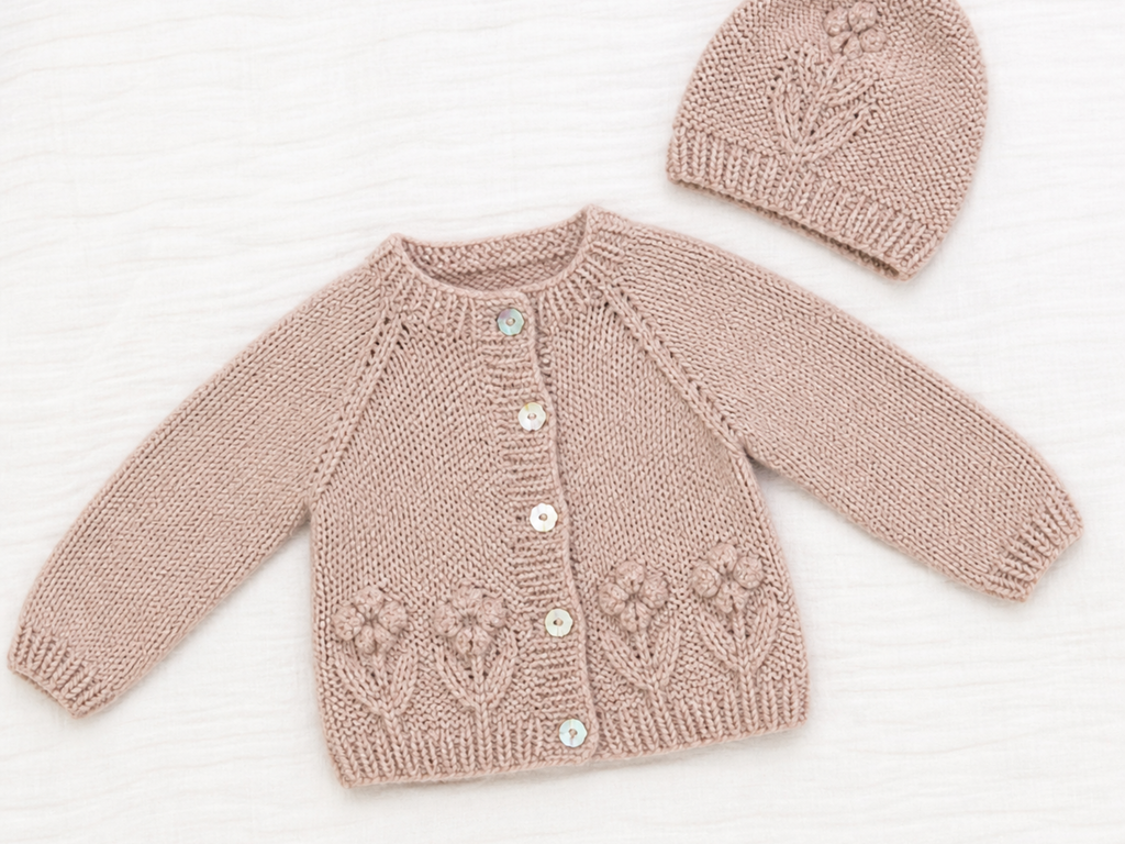Baby Knitting Pattern PDF, Cardigan and Hat Set, 0 to 7 Years, DK Wool Pattern, Easy Baby Knit, Raglan Cardigan, Textured Flower Design