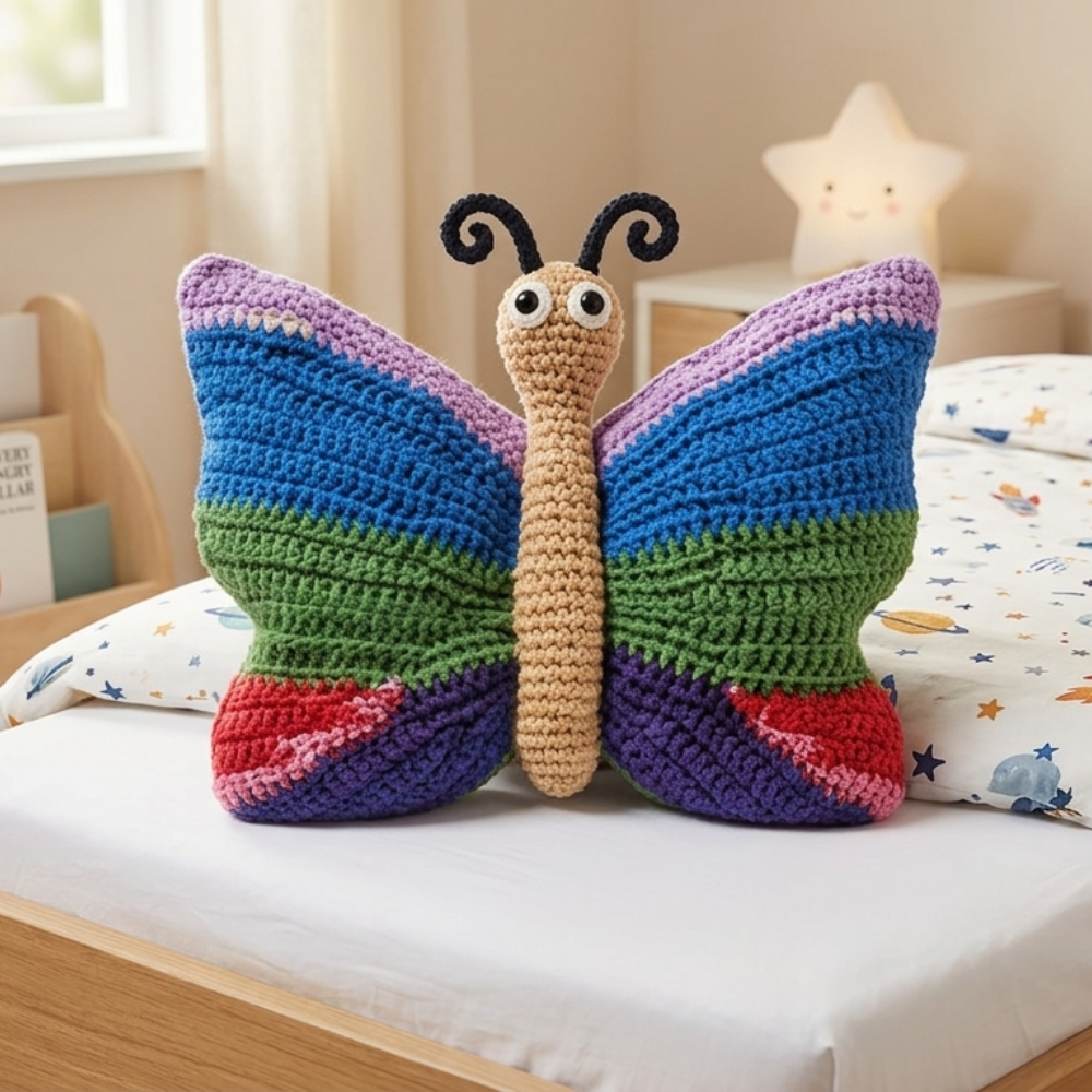 Adorable Nursery Décor Idea – Handmade Crochet Butterfly Pillow for Kids Bedroom
