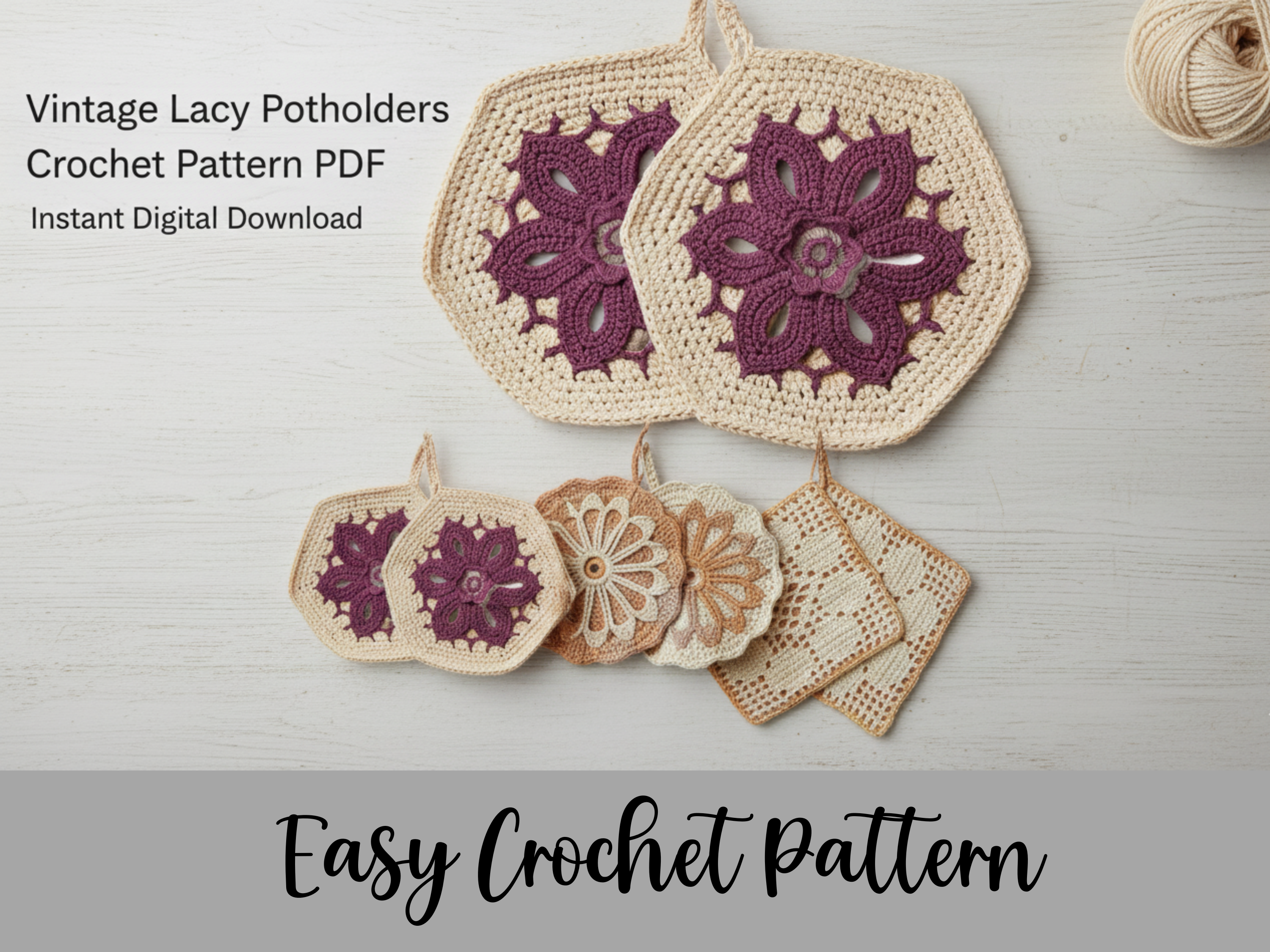 Vintage Lacy Potholders Crochet Pattern PDF – Easy Hot Pad & Oven Mitt DIY | DIY Handmade Gift | Beginner Friendly|Holiday decor