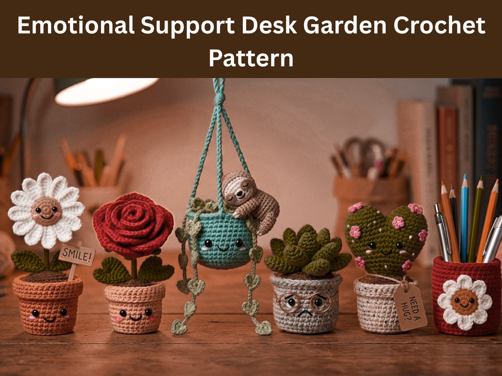 Emotional Support Desk Garden Crochet Pattern | 6 Mini Potted Plant Friends PDF | Teacher Office Gift Amigurumi Digital -Crochet planter