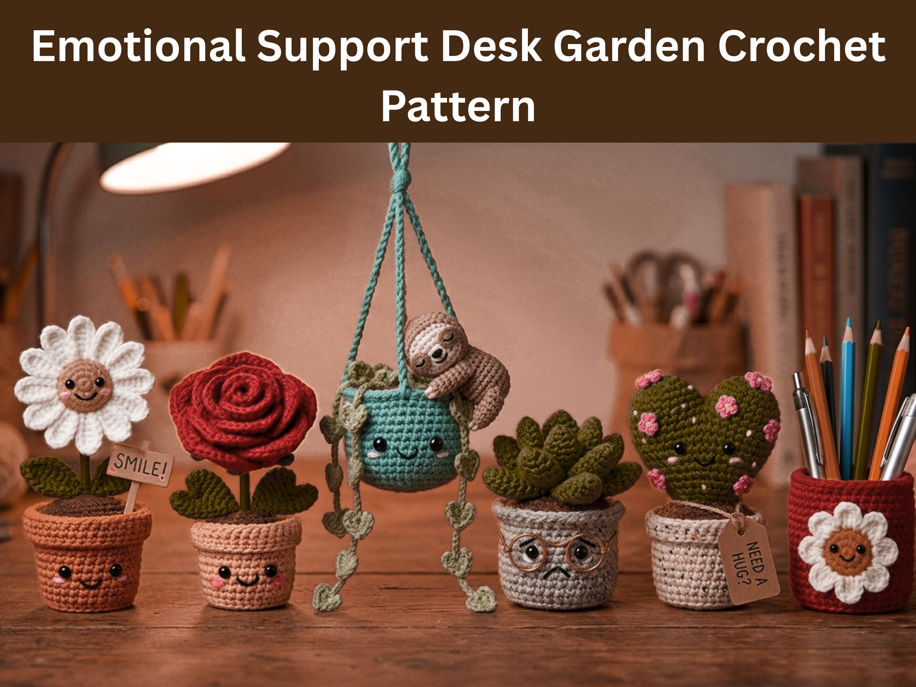 Emotional Support Desk Garden Crochet Pattern | 6 Mini Potted Plant Friends PDF | Teacher Office Gift Amigurumi Digital -Crochet planter