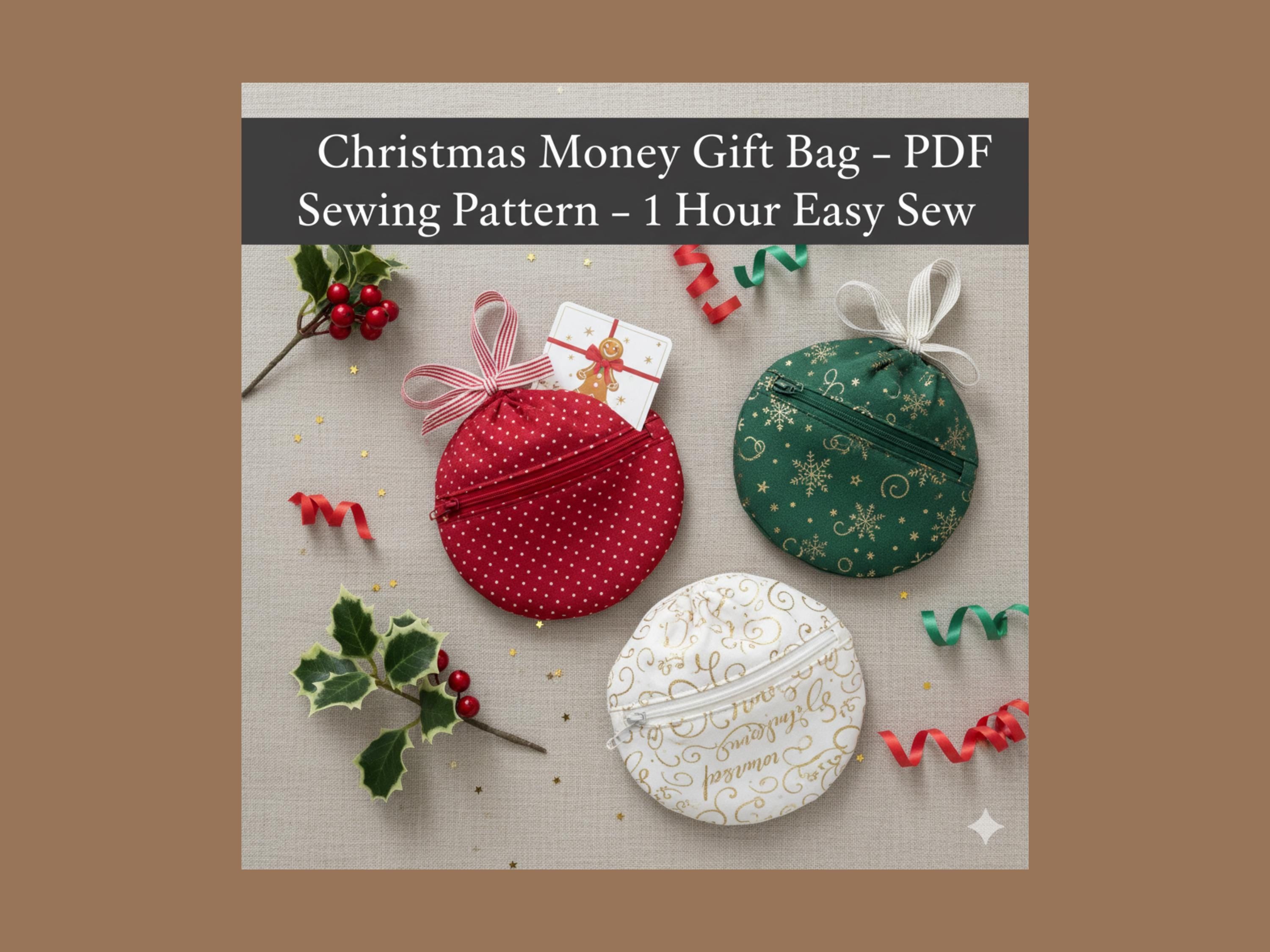 Easy sewing pattern -Christmas Money Gift Bag Sewing Pattern PDF | Easy Fabric Gift Pouch | Quick 1-Hour Sew |   Beginner Sewing PDF