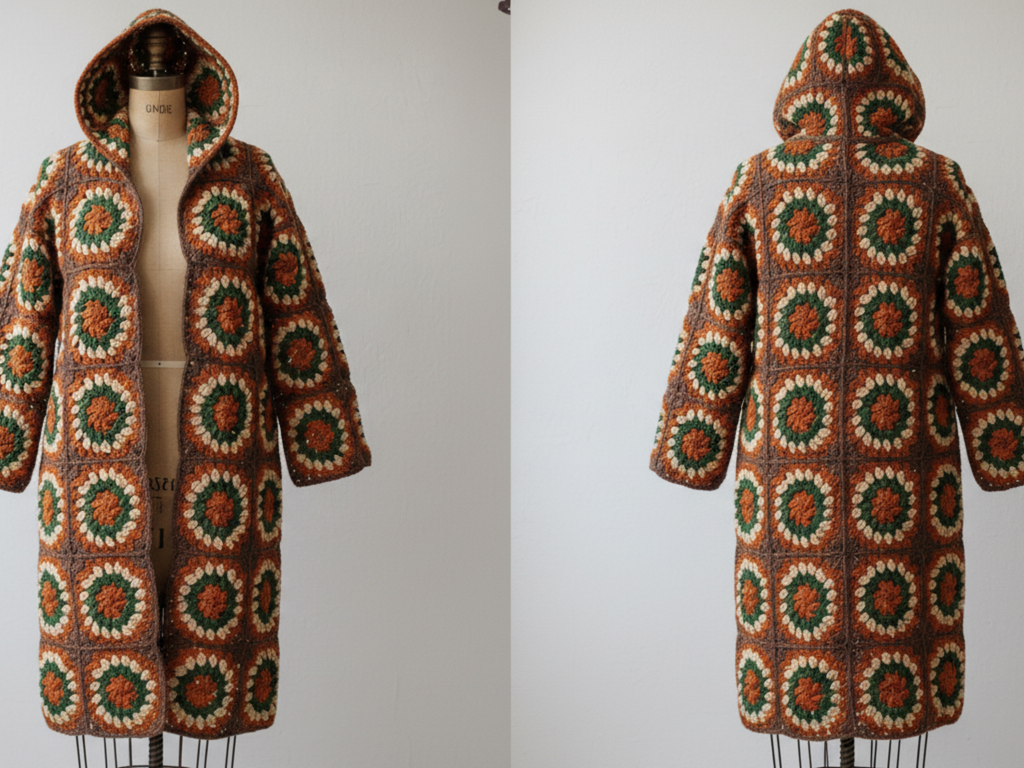 Womens Crochet Granny square coat with hood Crochet Pattern PDF – Oversized Hooded Jacket Cardigan Coat |Chunky Bulky Crochet Design | Sizes S–XXL