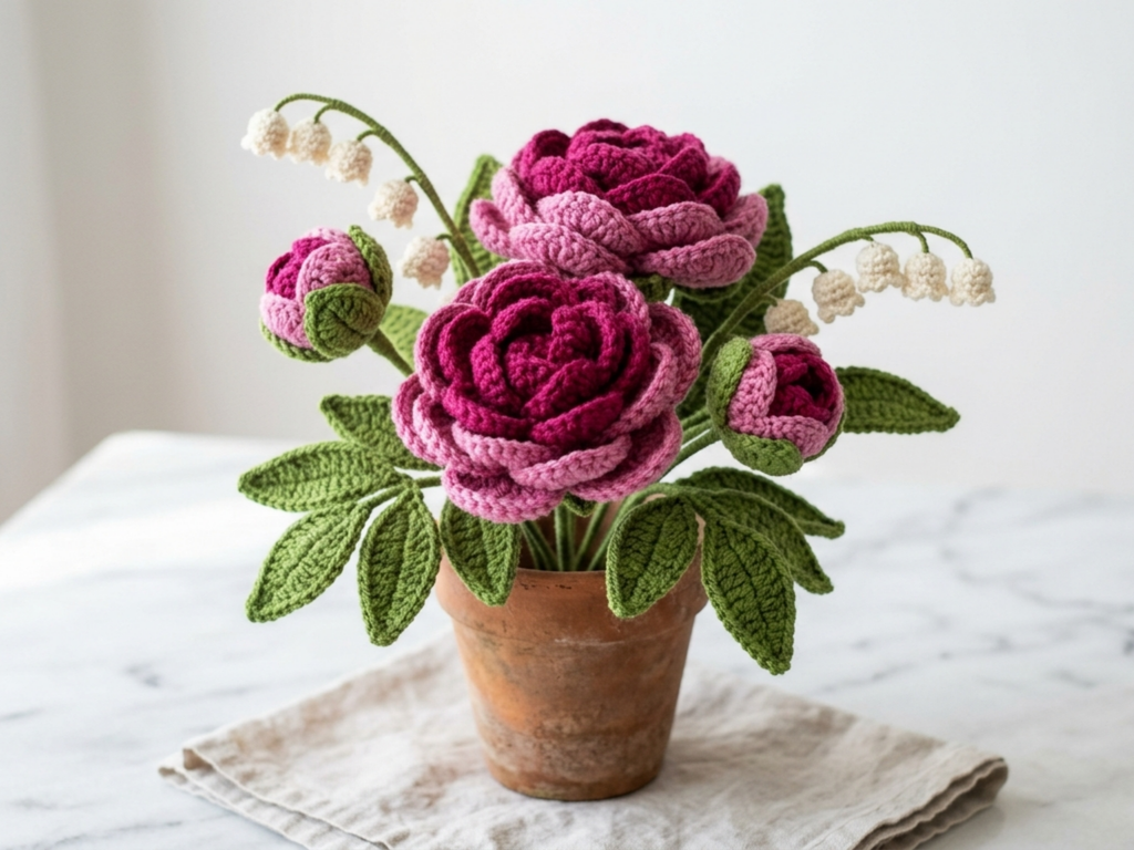 Easy beginner crochet pattern Crochet Peony Bouquet Crochet Pattern PDF| Flower Pot Amigurumi | Lily of the Valley Gift | Handmade Decor Digital Download Instant-Gift for teacher