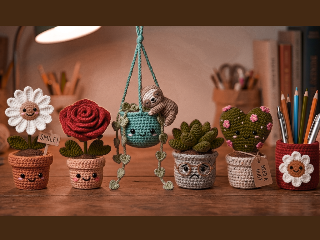 Emotional Support Desk Garden Crochet Pattern | 6 Mini Potted Plant Friends PDF | Teacher Office Gift Amigurumi Digital -Crochet planter