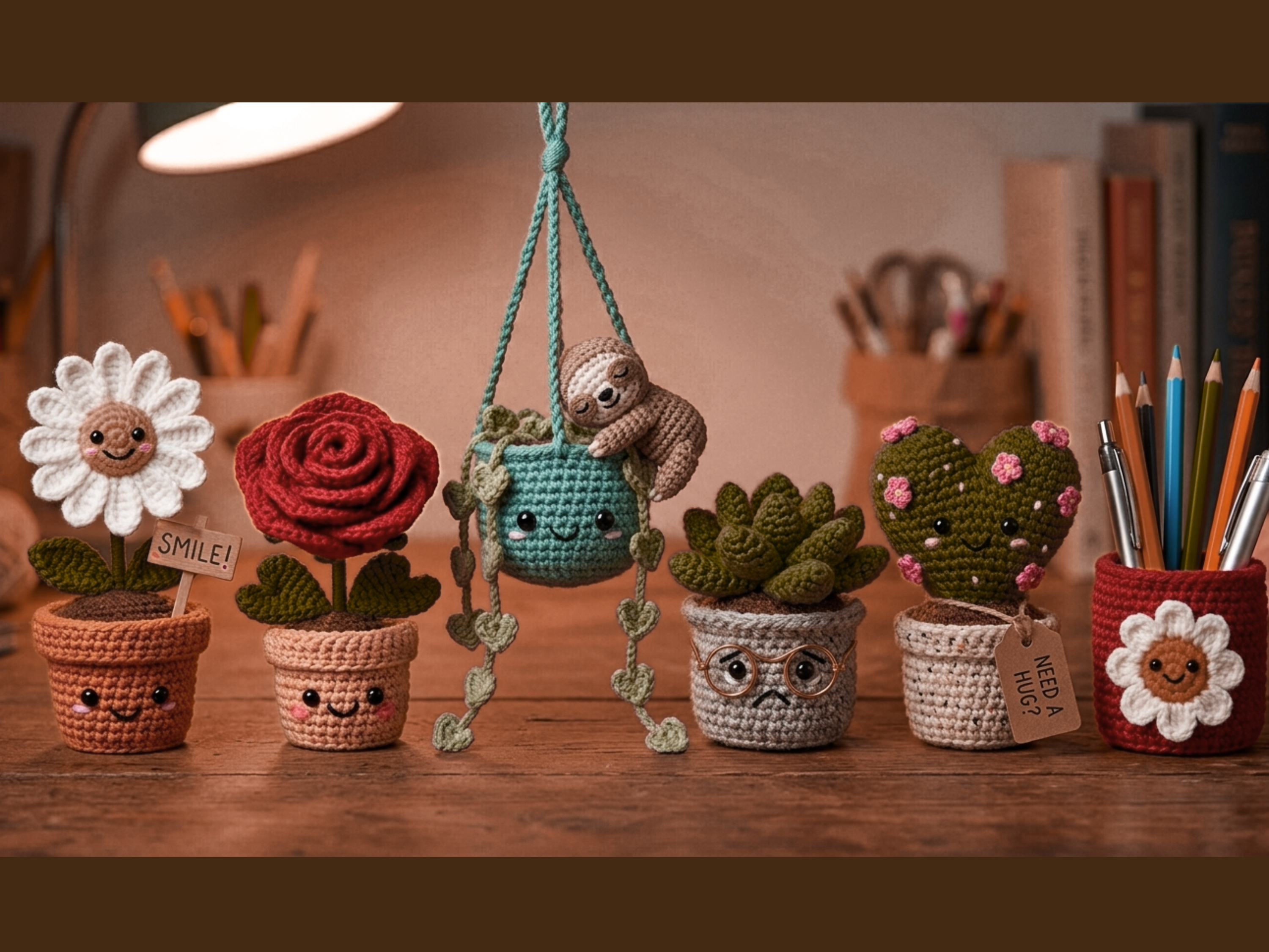 Emotional Support Desk Garden Crochet Pattern | 6 Mini Potted Plant Friends PDF | Teacher Office Gift Amigurumi Digital -Crochet planter