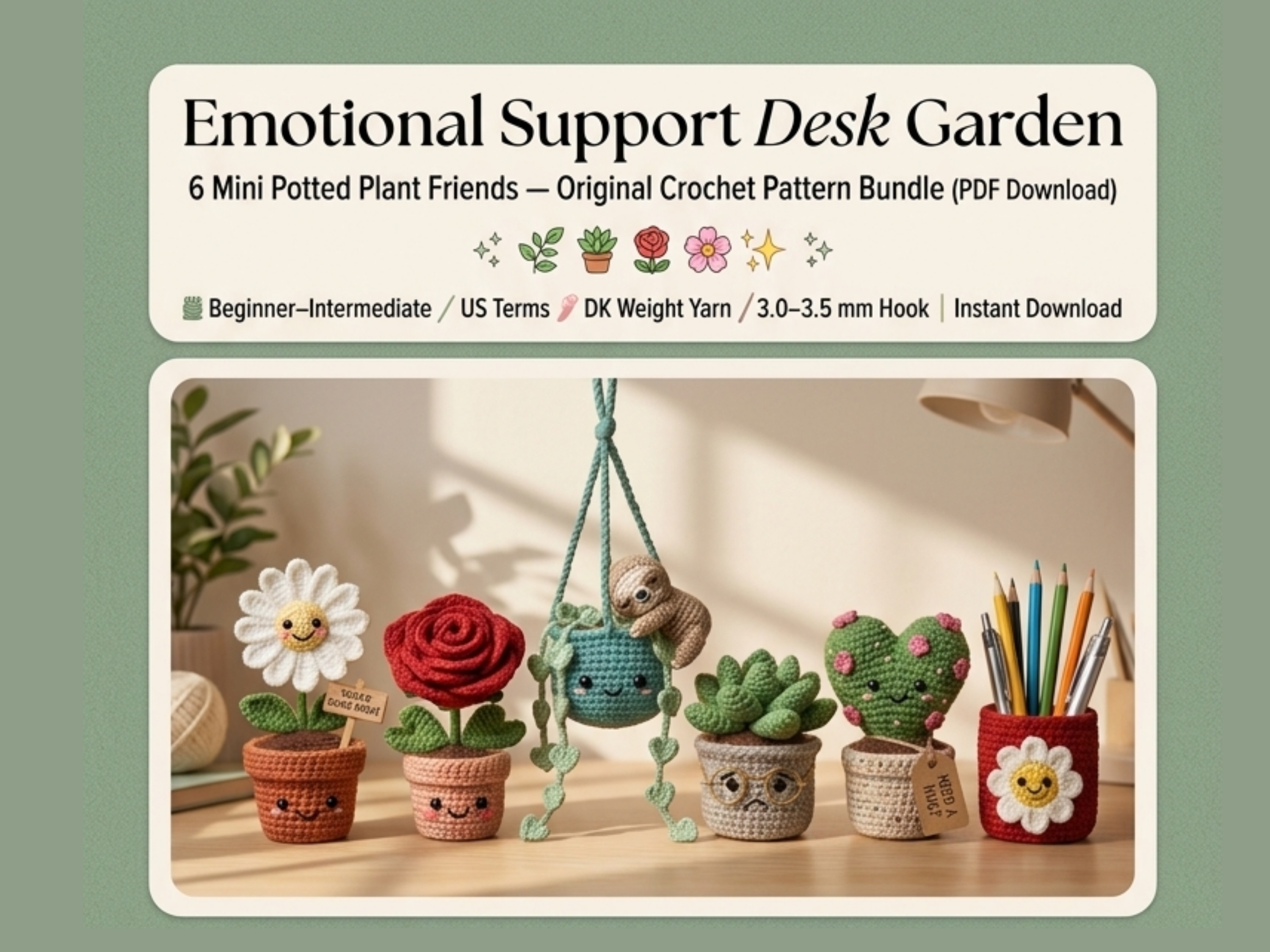 Emotional Support Desk Garden — 6 Mini Potted Plant Friends Crochet Pattern PDF | Teacher Office Gift