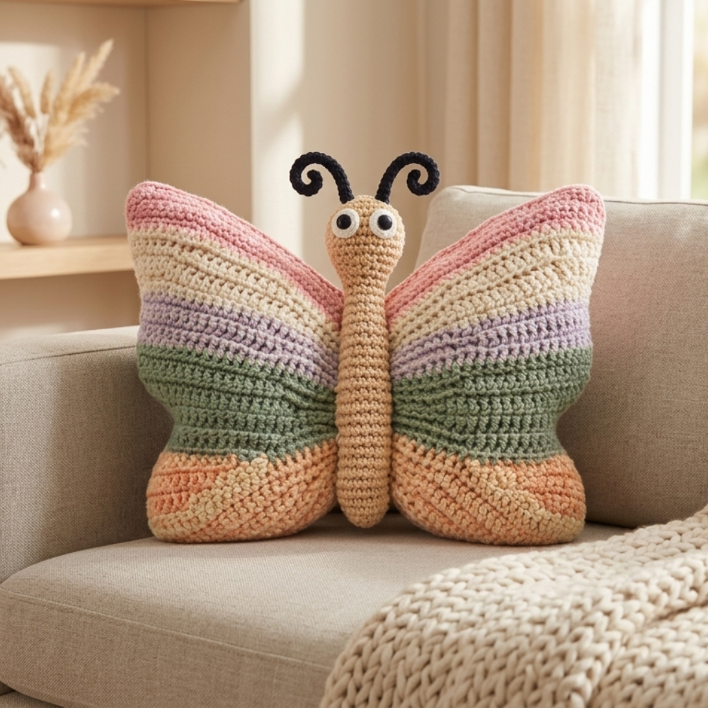 Crochet Butterfly Pillow Pattern – Amigurumi Cushion, 3D Textured Home Décor (PDF)-Adorable Nursery Décor Idea – Handmade Crochet Butterfly Pillow for Kids Bedroom