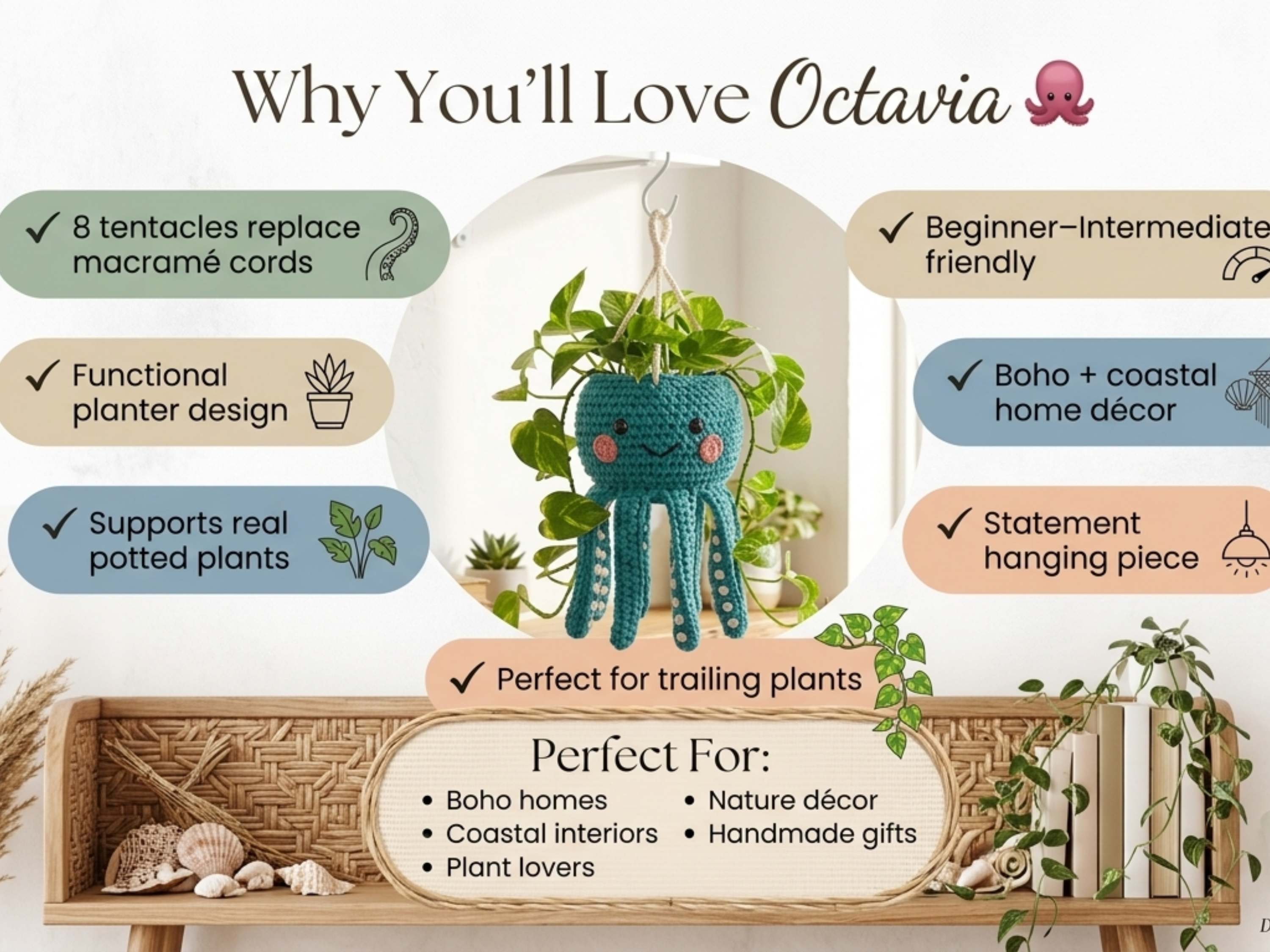 Octavia the Octopus Hanging Planter Crochet Pattern | Tentacle Plant Hanger PDF | Boho Home Decor