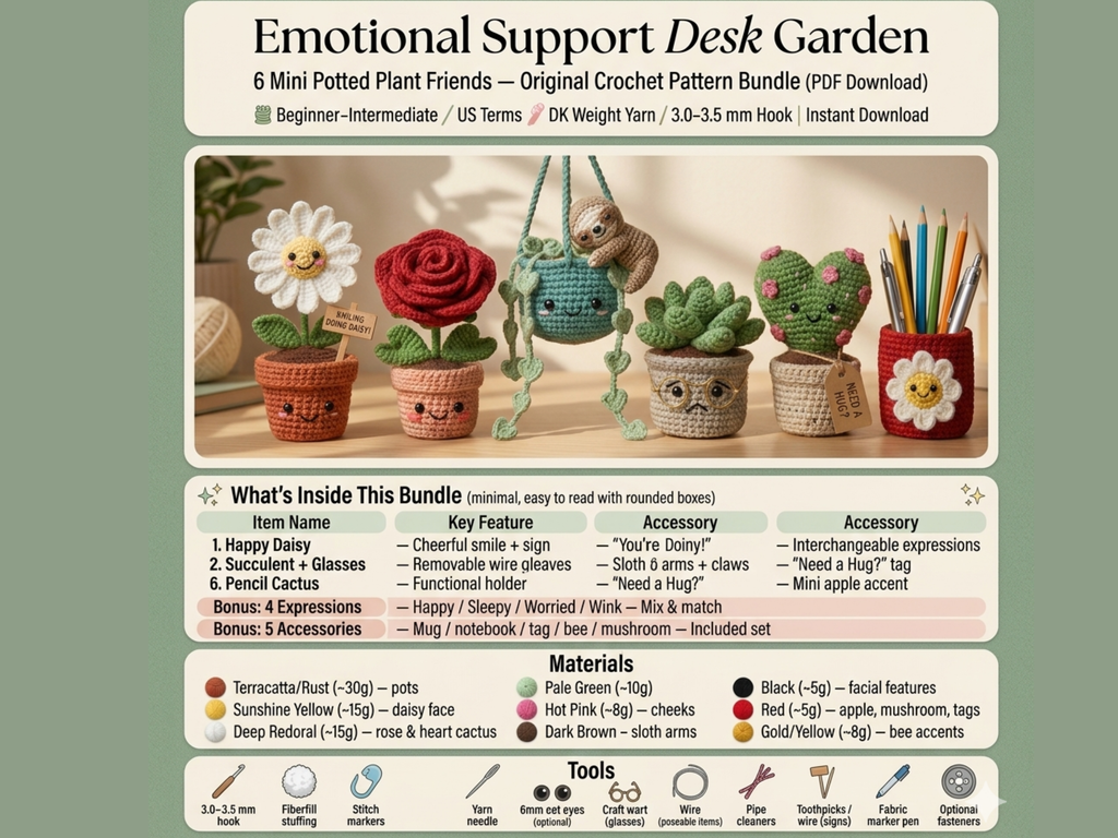 Emotional Support Desk Garden — 6 Mini Potted Plant Friends Crochet Pattern PDF | Teacher Office Gift