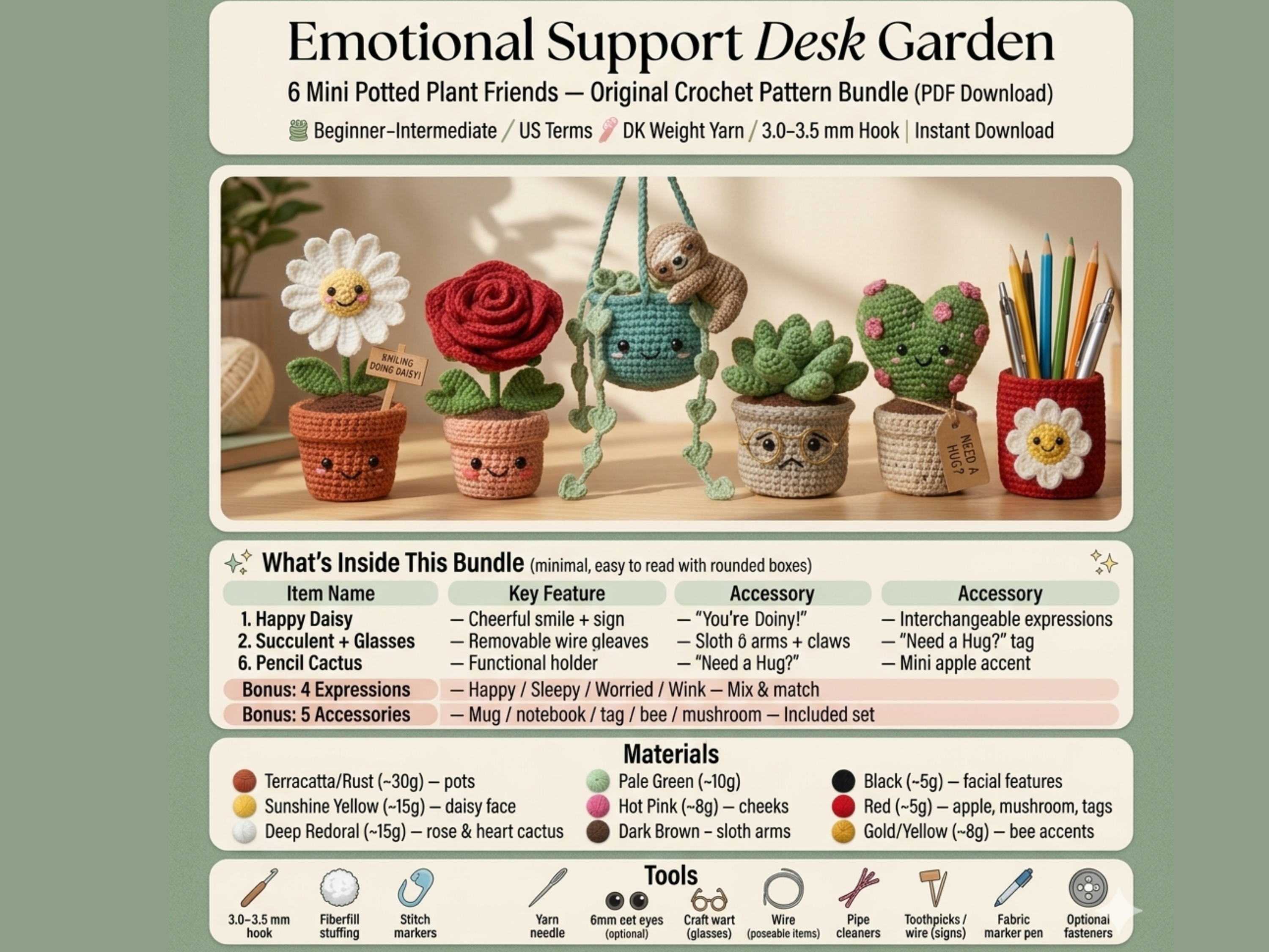 Emotional Support Desk Garden — 6 Mini Potted Plant Friends Crochet Pattern PDF | Teacher Office Gift