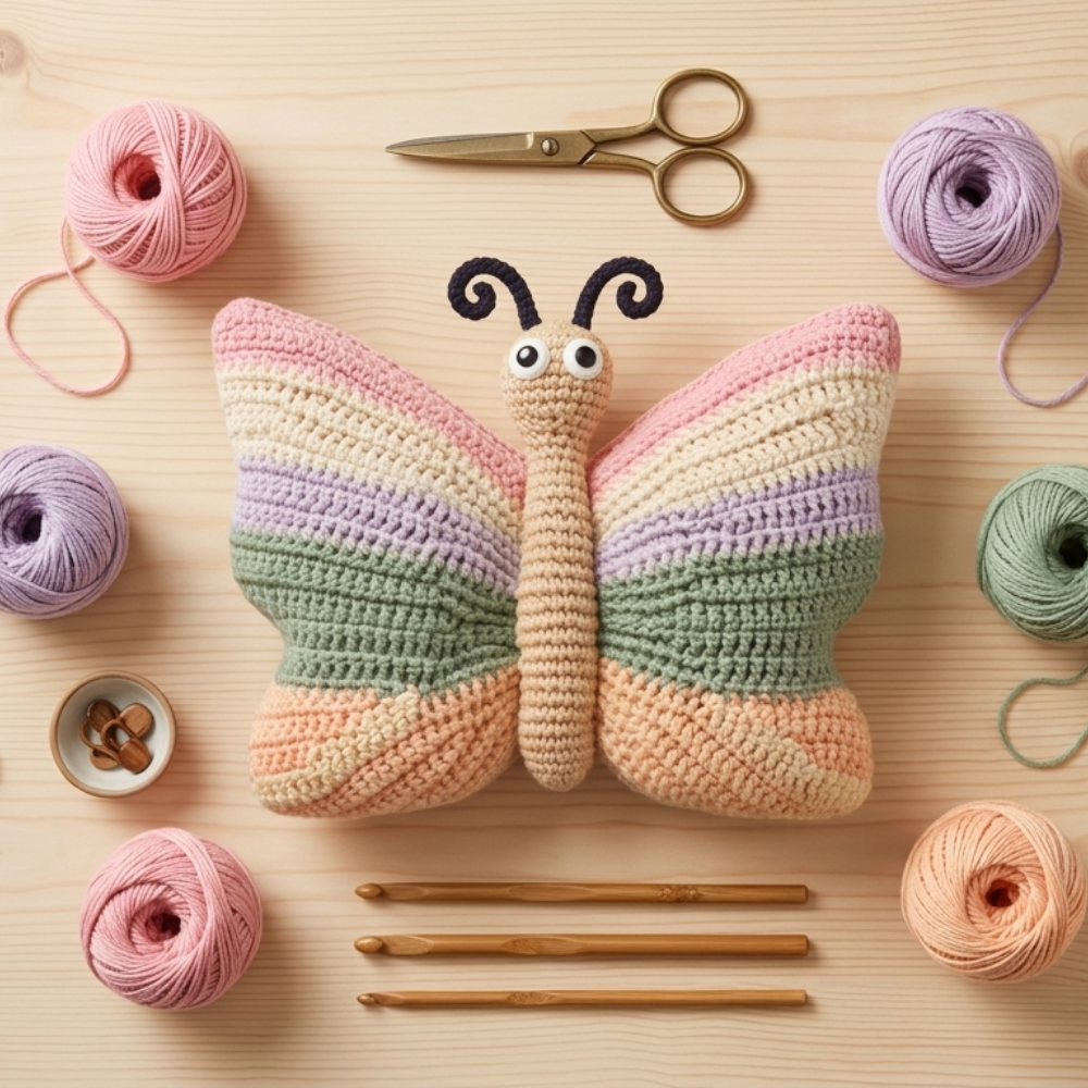 Crochet Butterfly Pillow Pattern – Amigurumi Cushion, 3D Textured Home Décor (PDF)-Adorable Nursery Décor Idea – Handmade Crochet Butterfly Pillow for Kids Bedroom