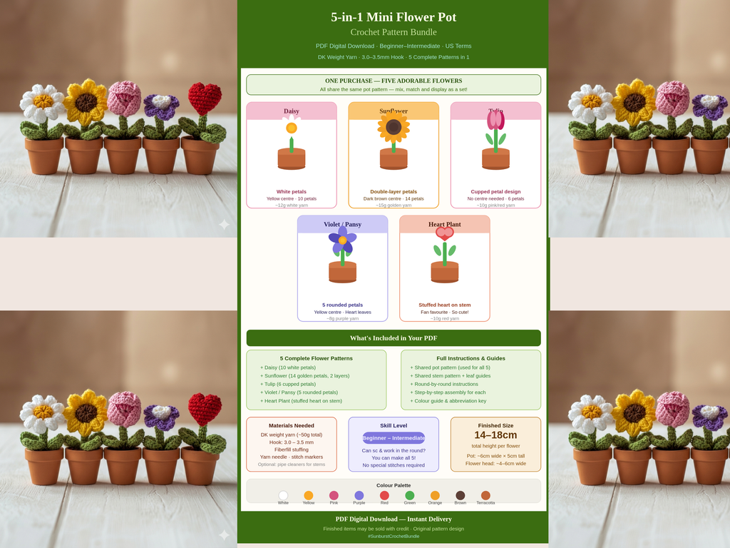 5-in-1 Mini Flower Pot Crochet Bundle | Daisy Sunflower Tulip Violet Heart Amigurumi Pattern PDF