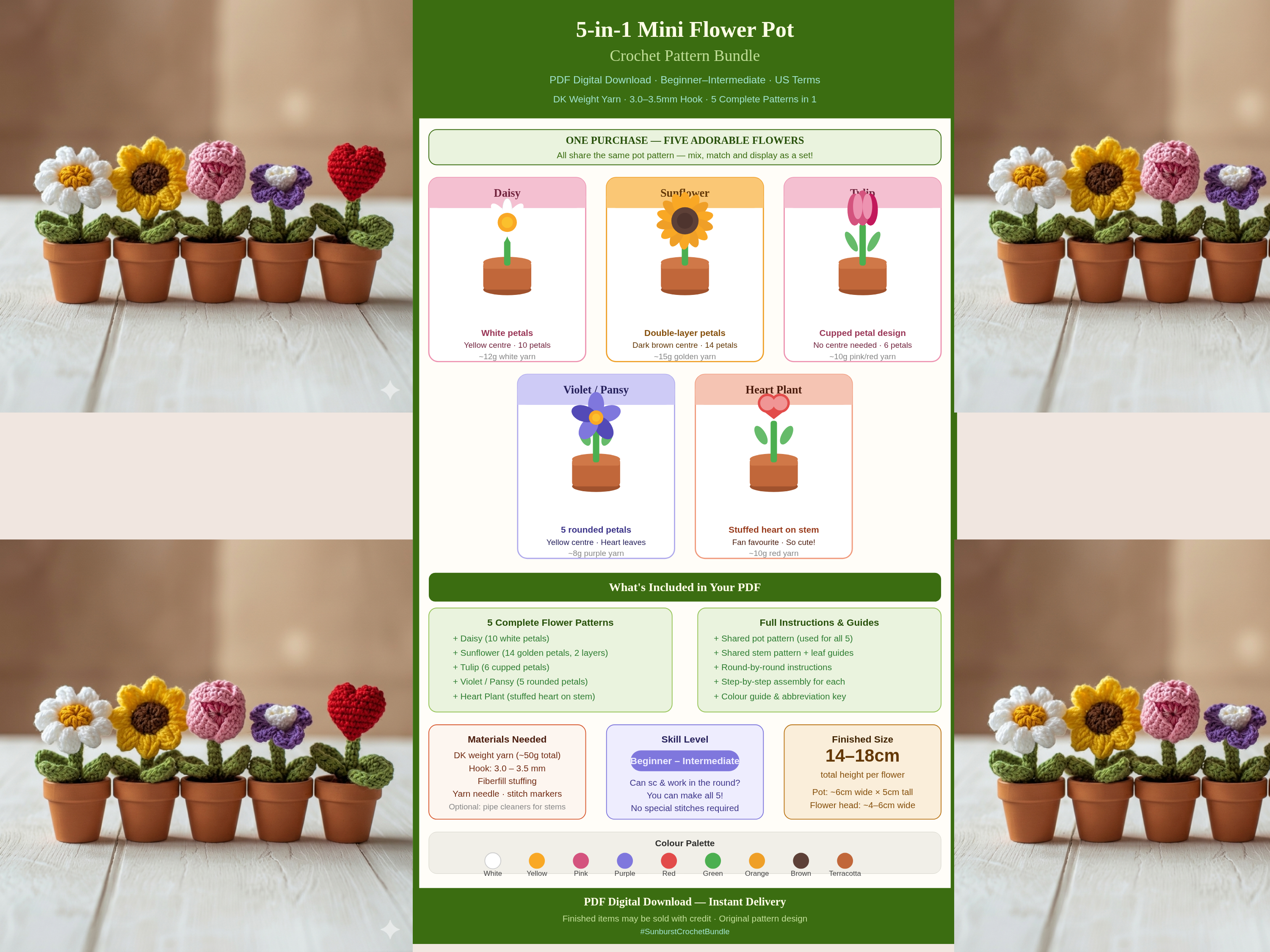 5-in-1 Mini Flower Pot Crochet Bundle | Daisy Sunflower Tulip Violet Heart Amigurumi Pattern PDF