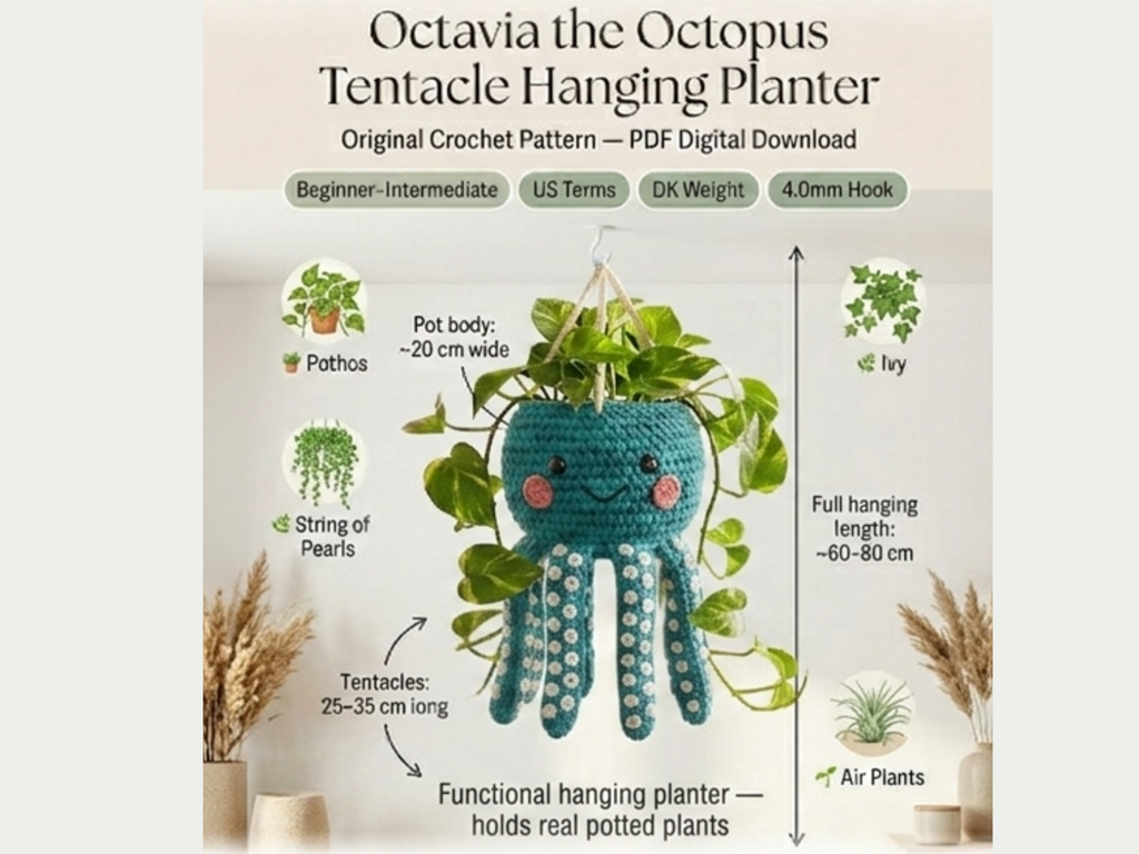 Octavia the Octopus Hanging Planter Crochet Pattern | Tentacle Plant Hanger PDF | Boho Home Decor