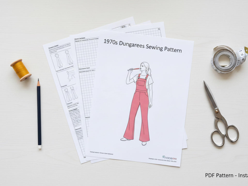 1970s Vintage Dungarees Sewing Pattern PDF | Women’s Retro Overalls | US Sizes 6–10 | DIY Jumpsuit & Pants Pattern
