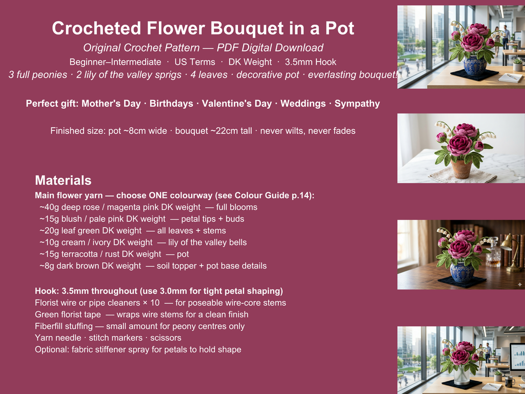 Peony Bouquet Crochet Pattern PDF | Flower Pot Amigurumi | Lily of the Valley | Mother's Day Gift