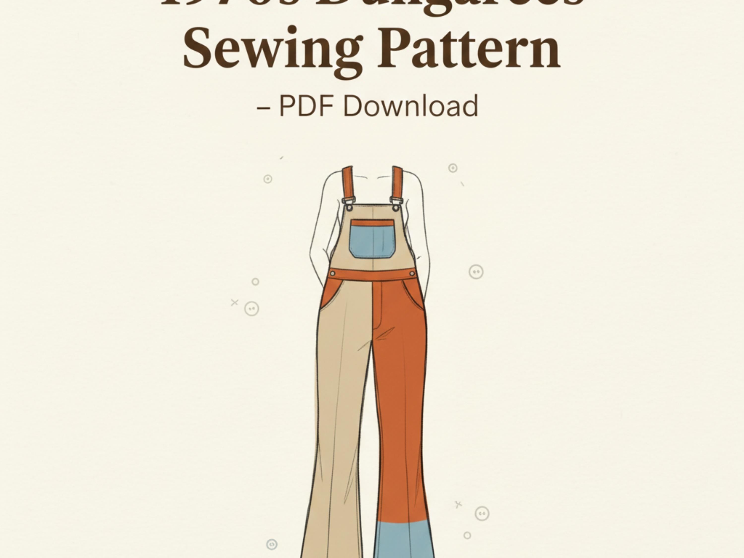 1970s Vintage Dungarees Sewing Pattern PDF | Women’s Retro Overalls | US Sizes 6–10 | DIY Jumpsuit & Pants Pattern