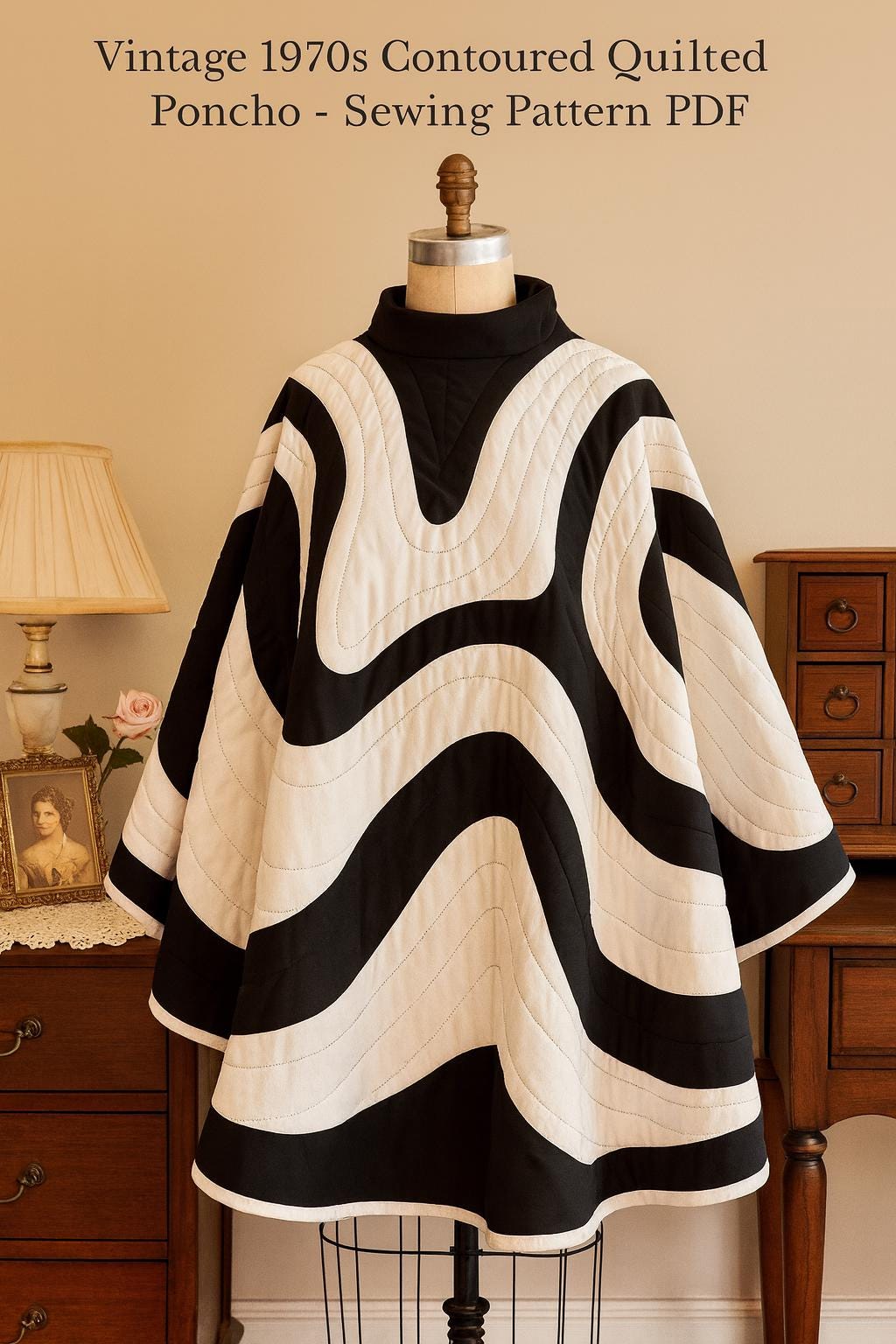 1970s Quilted Gabardine Poncho Sewing Pattern PDF | Vintage Women’s Appliqué Poncho | Retro Mod Black & White Cape |Instant Digital Download