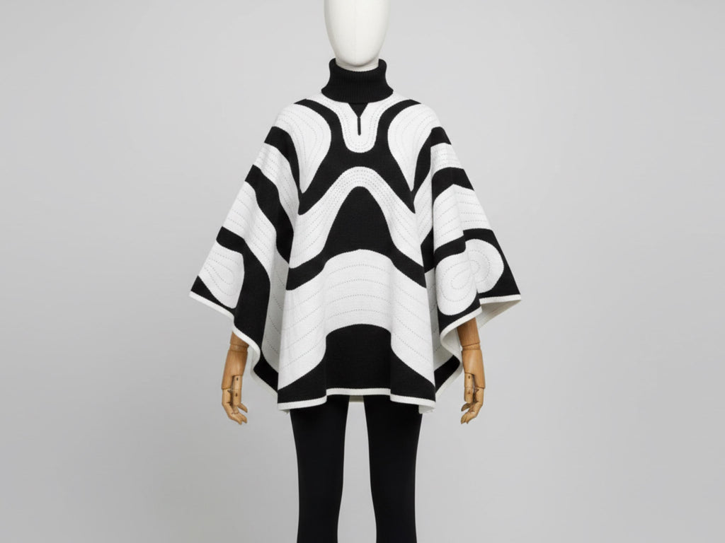 1970s Quilted Gabardine Poncho Sewing Pattern PDF | Vintage Women’s Appliqué Poncho | Retro Mod Black & White Cape |Instant Digital Download