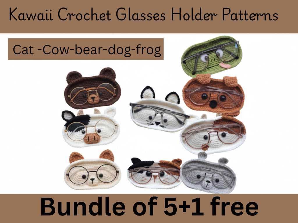 Crochet Glasses Holder Patterns: Animal Bundle (PDF Pattern) |Bundle of 5+ 1 free  |Cat -Cow-bear-dog-frog