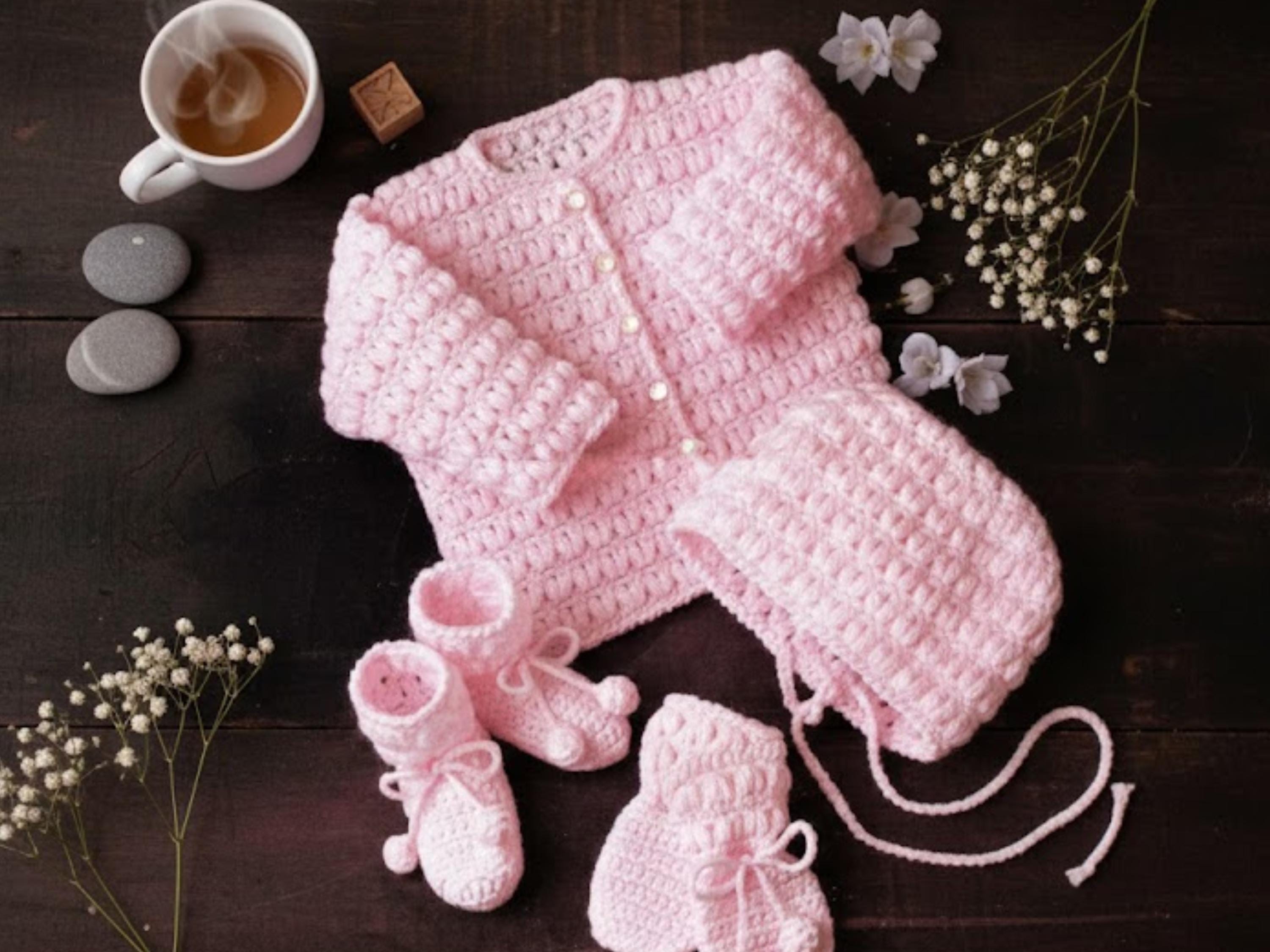 EASY Baby Crochet cardigan Pattern - 4 Piece Set Cardigan Jacket Hat Cap Booties Mitts PDF Instant digital Download 0-2 yrs DK 8 Ply
