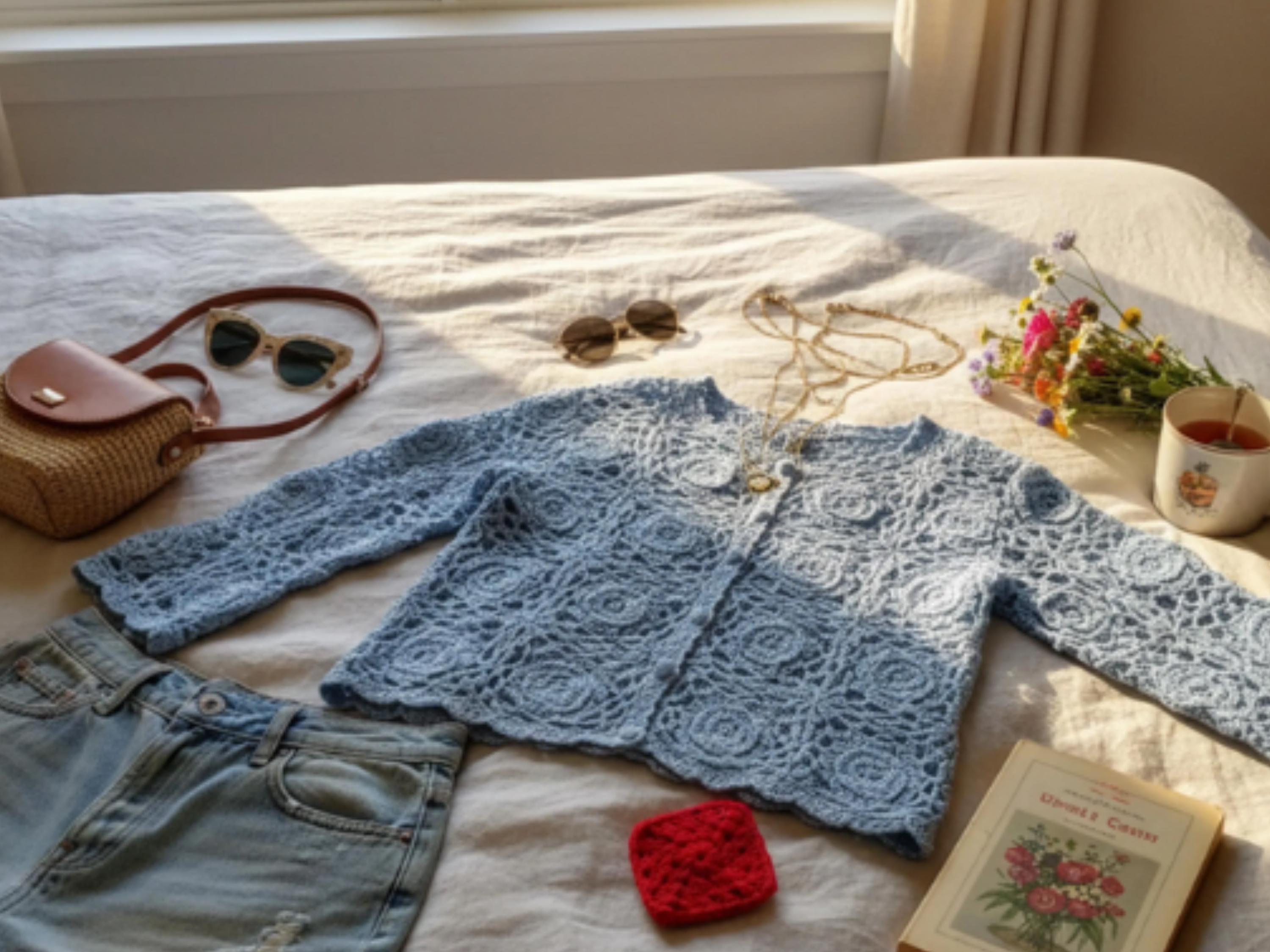 Womens crochet pattern-summer cardigan-Crochet Flower Motif Round Neck Short-Cotton 4 Ply Yarn Vintage