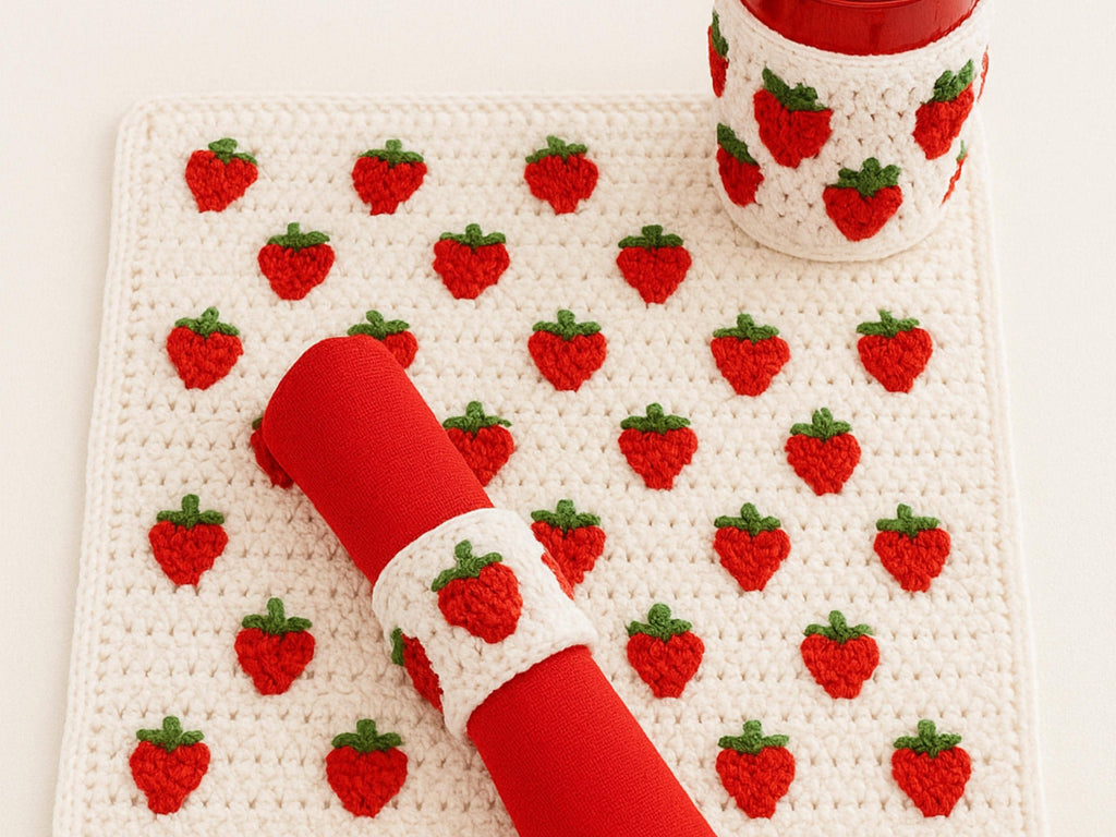 Vintage retro pattern-1970s Crochet Placemat Crochet Pattern | Strawberry Crochet Pattern Set (Placemat, Napkin Ring & Glass Cover)