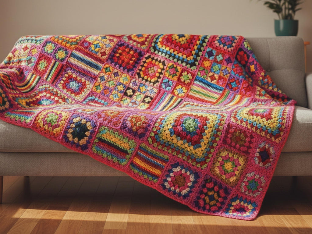 Vintage granny squares afghan Crochet- Pattern for Granny Squares Sampler Afghan Throw Blanket Lap Robe Squares 5 Motifs Stripes Stashbuster