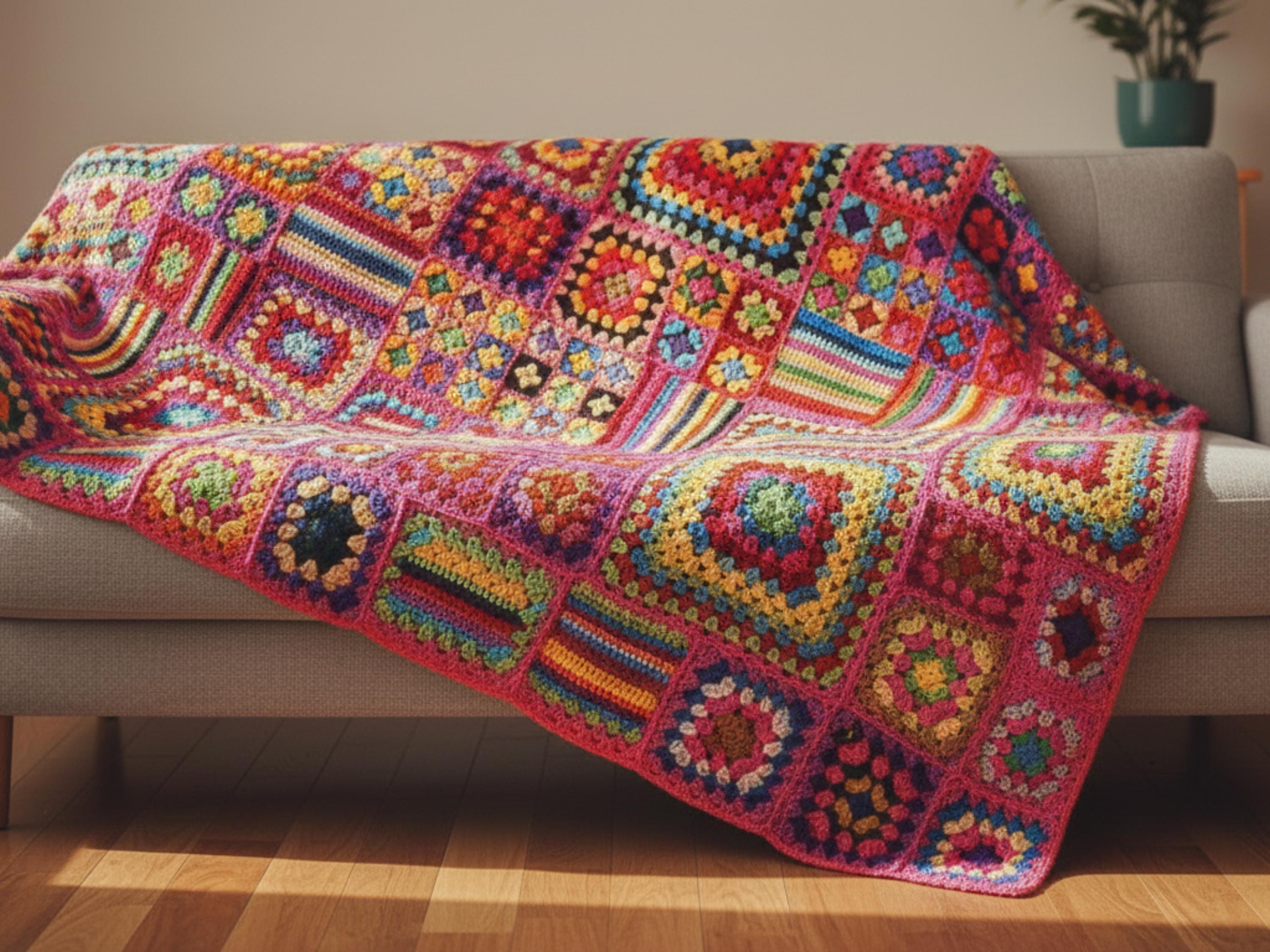 Vintage granny squares afghan Crochet- Pattern for Granny Squares Sampler Afghan Throw Blanket Lap Robe Squares 5 Motifs Stripes Stashbuster