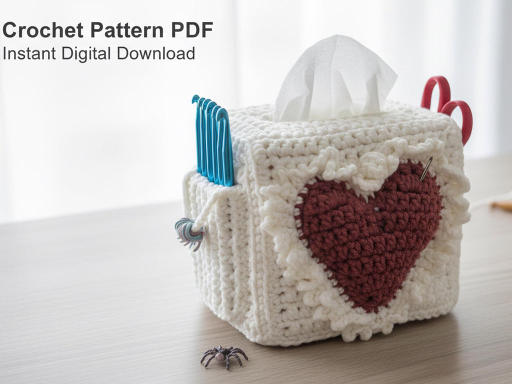 Vintage Crochet Tissue Box Cover Pattern PDF | Heart Design Organizer | Craft Supply Holder | Instant Download | Beginner Friendly