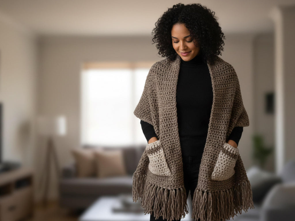 Womens Crochet Vintage Crochet Pattern PDF –Crochet Pocket Shawl Pattern: Boho Fringe Wrap (PDF)