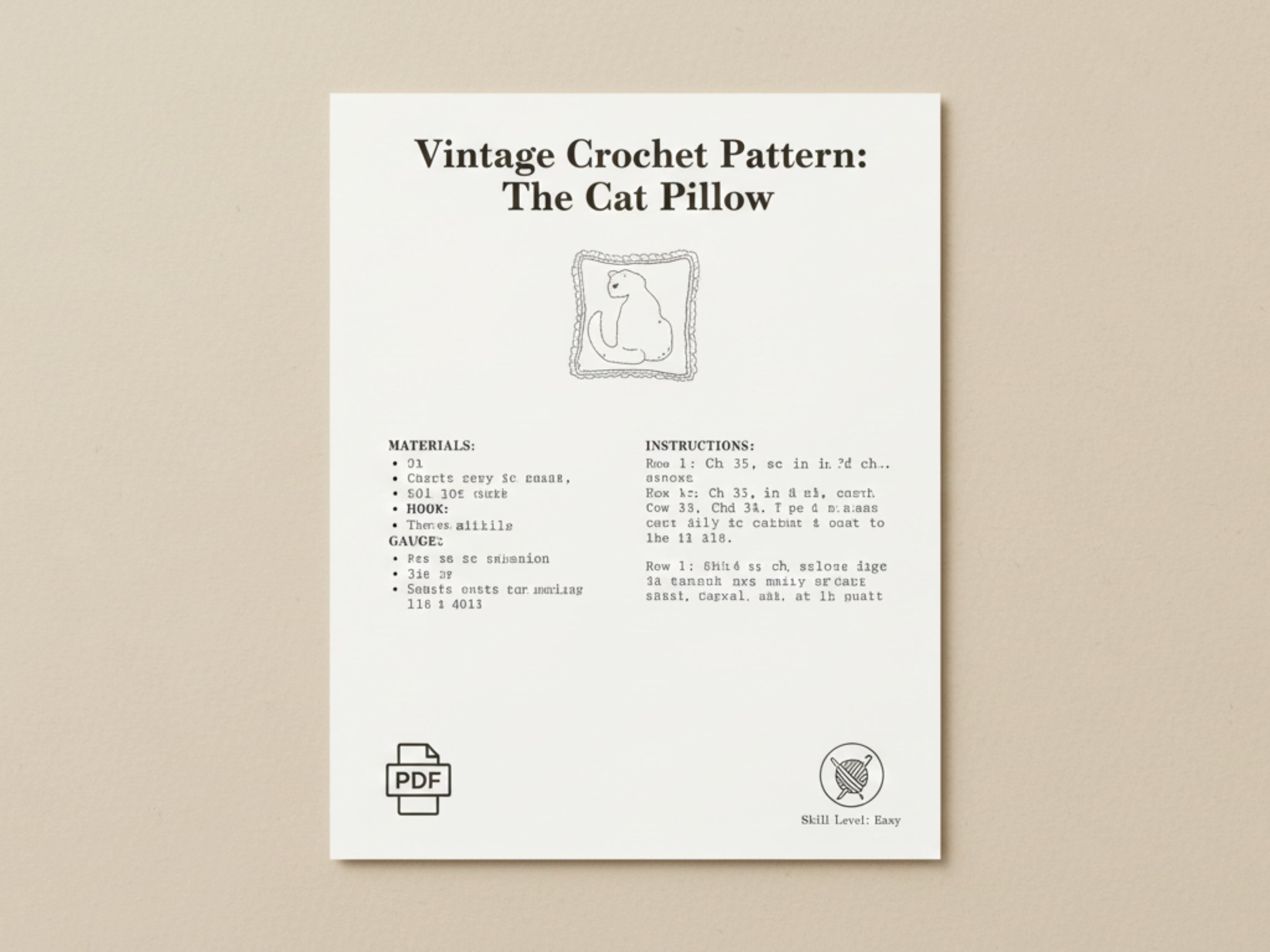 Vintage Cat Pillow Crochet Pattern PDF – 1970s Retro Cat Cushion Pattern – Easy Crochet Home Decor Pattern – Instant Download