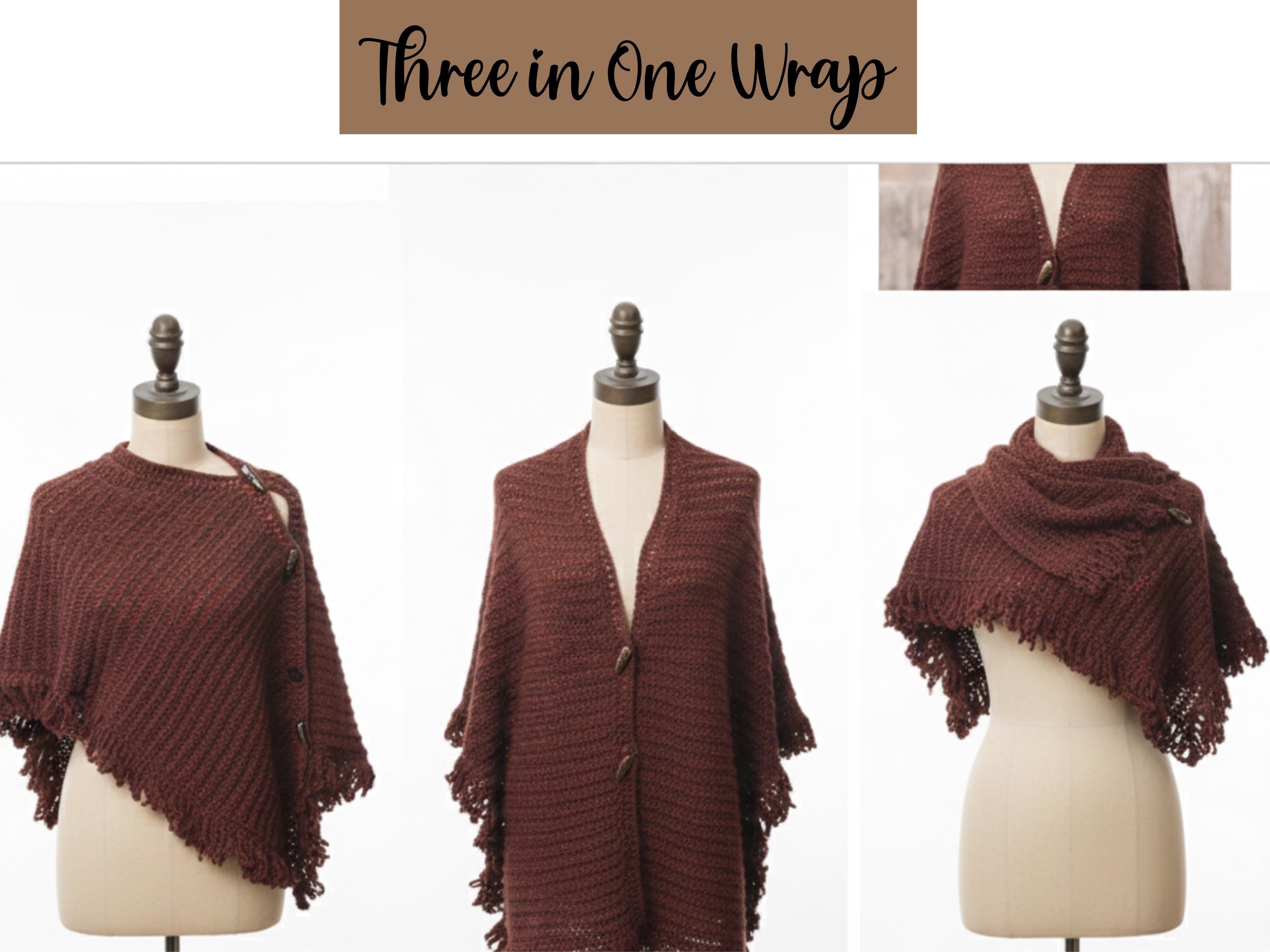 Womens Crochet Three-in-One Wrap Pattern PDF – Easy Stylish Winter Shawl, Poncho, Scarf Wrap – Cozy Crochet/Knit Layering Accessory – Instant Download