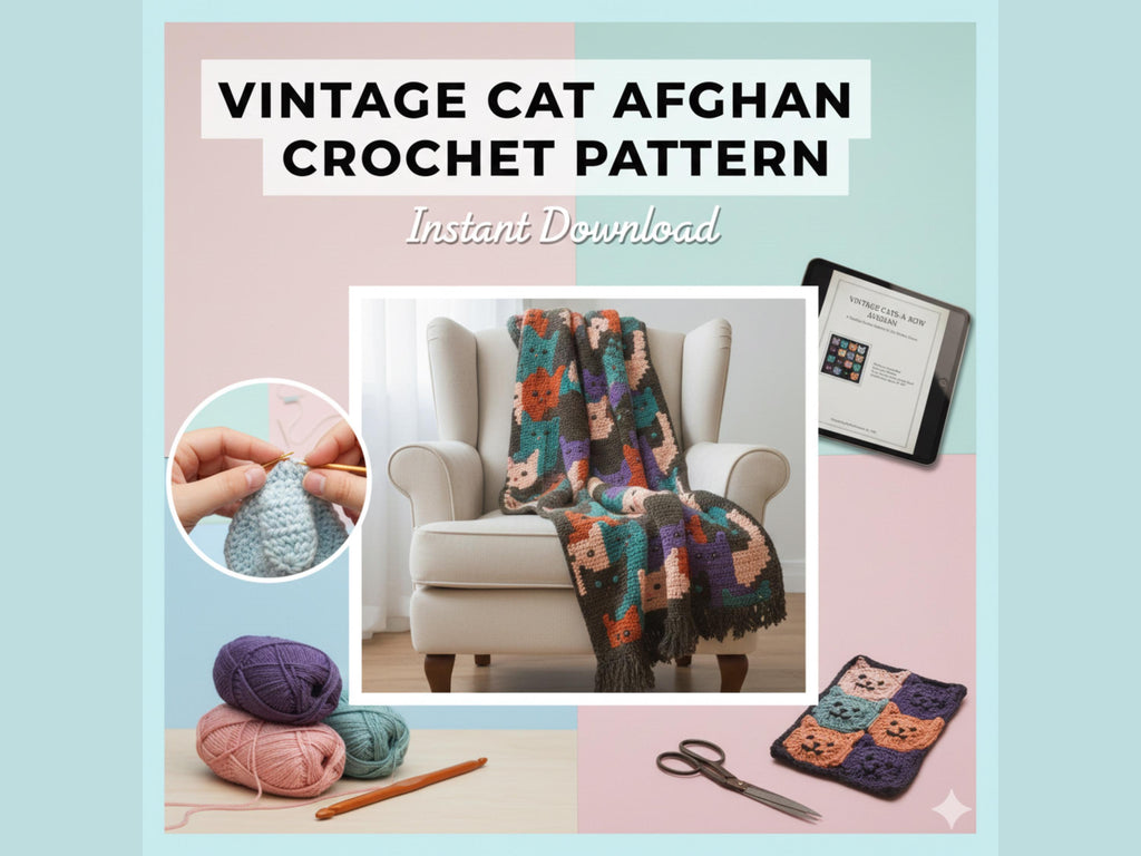 Vintage Crochet Blanket Afghan Cats Kittens 50" x 54" - Worsted 10Ply Yarn -Crochet Pattern PDF Instant download-Gift for catlover-Catmom