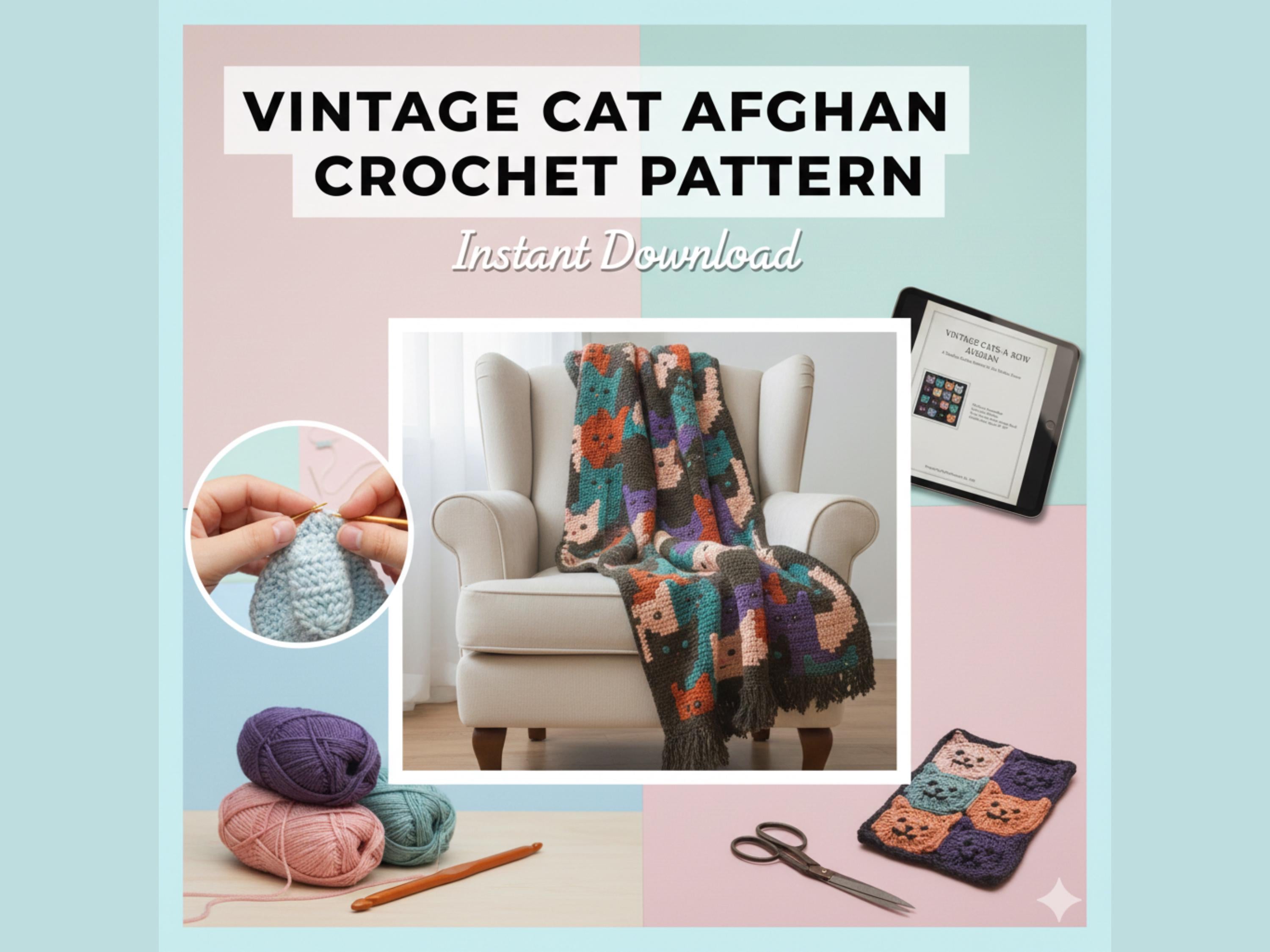 Vintage Crochet Blanket Afghan Cats Kittens 50" x 54" - Worsted 10Ply Yarn -Crochet Pattern PDF Instant download-Gift for catlover-Catmom
