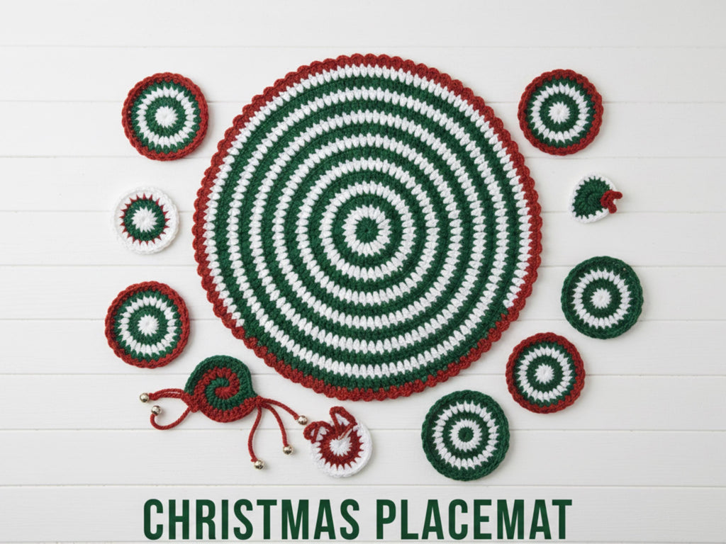 Crochet Placemat and matching coaster Crochet Pattern | Festive Table Decor DIY | Easy Beginner Farmhouse Holiday Mat PDF |Pinwheels coaster