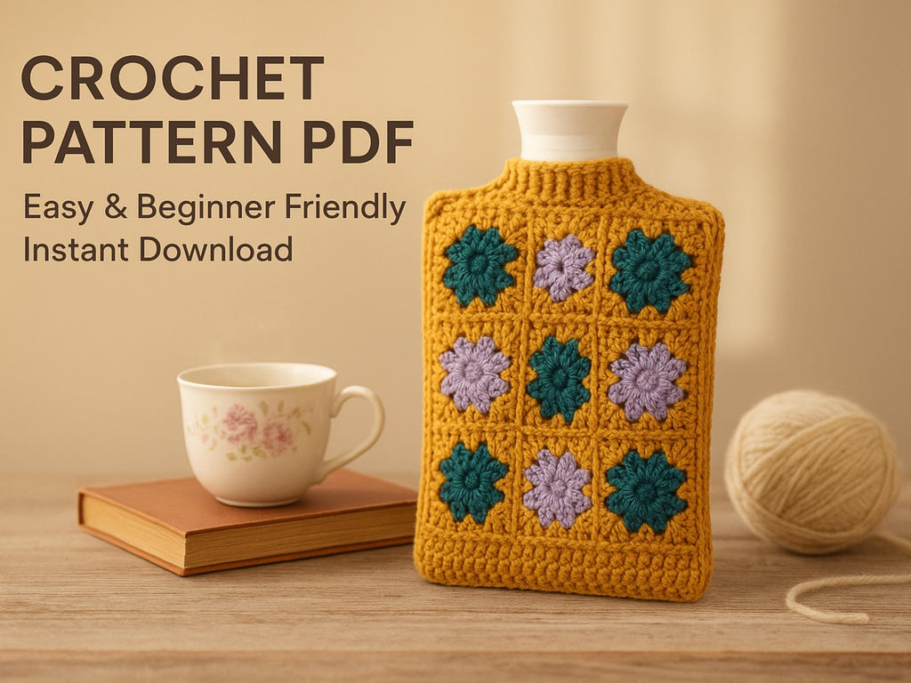 Beginner granny Square Hot Water Bottle Cozy Crochet Pattern | Retro Crochet Cover PDF | Easy Crochet | Warm Winter Bed Warmer