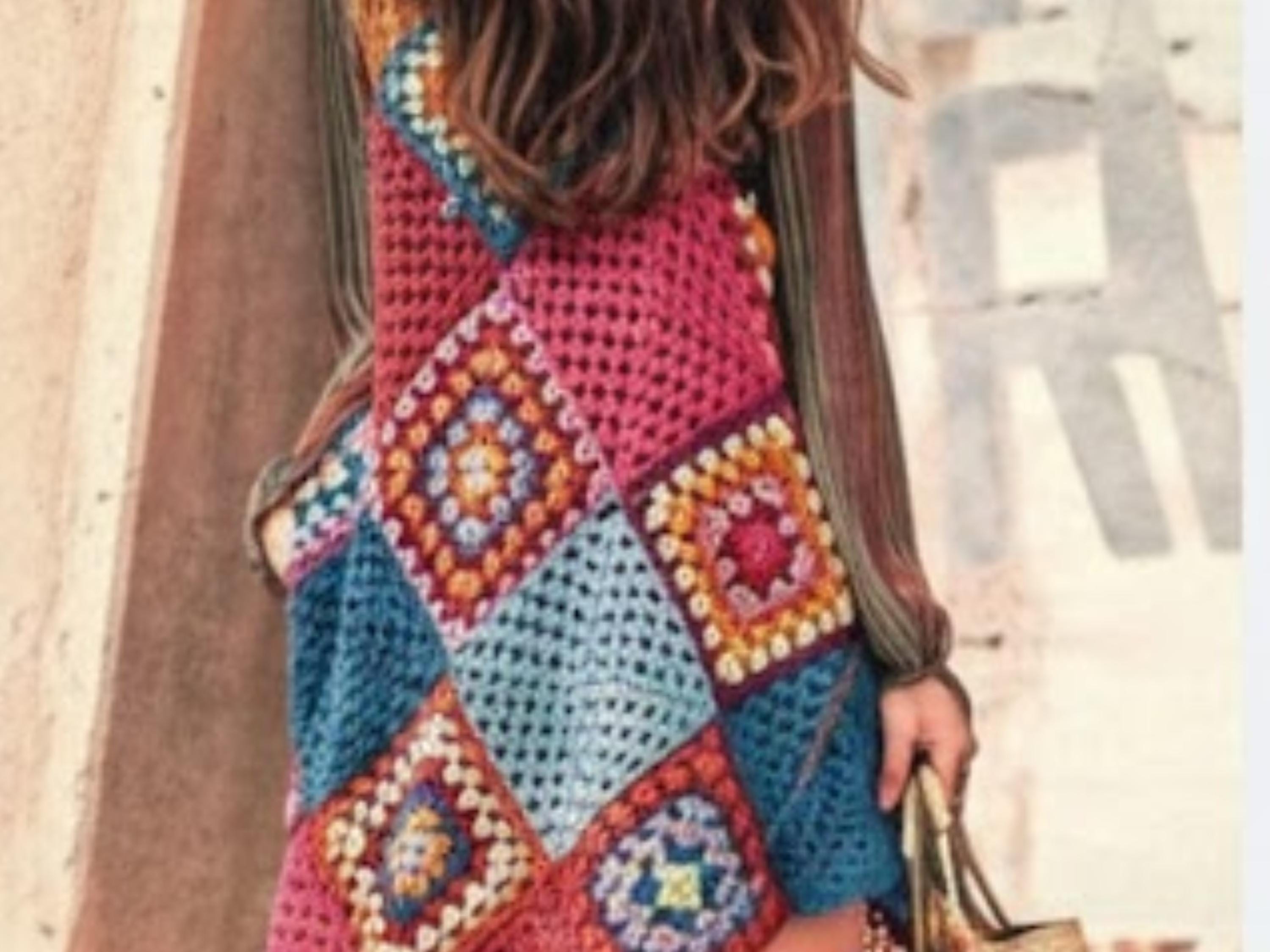 Womens Crochet Granny squares long dress- Crochet Granny Squares Dress Pattern, Vintage Motif (PDF Download