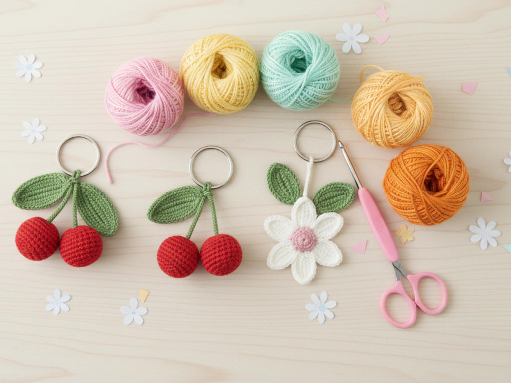 Vintage keychain -Crochet Flowers & Cherries Pattern – Amigurumi Keychain (PDF Pattern)