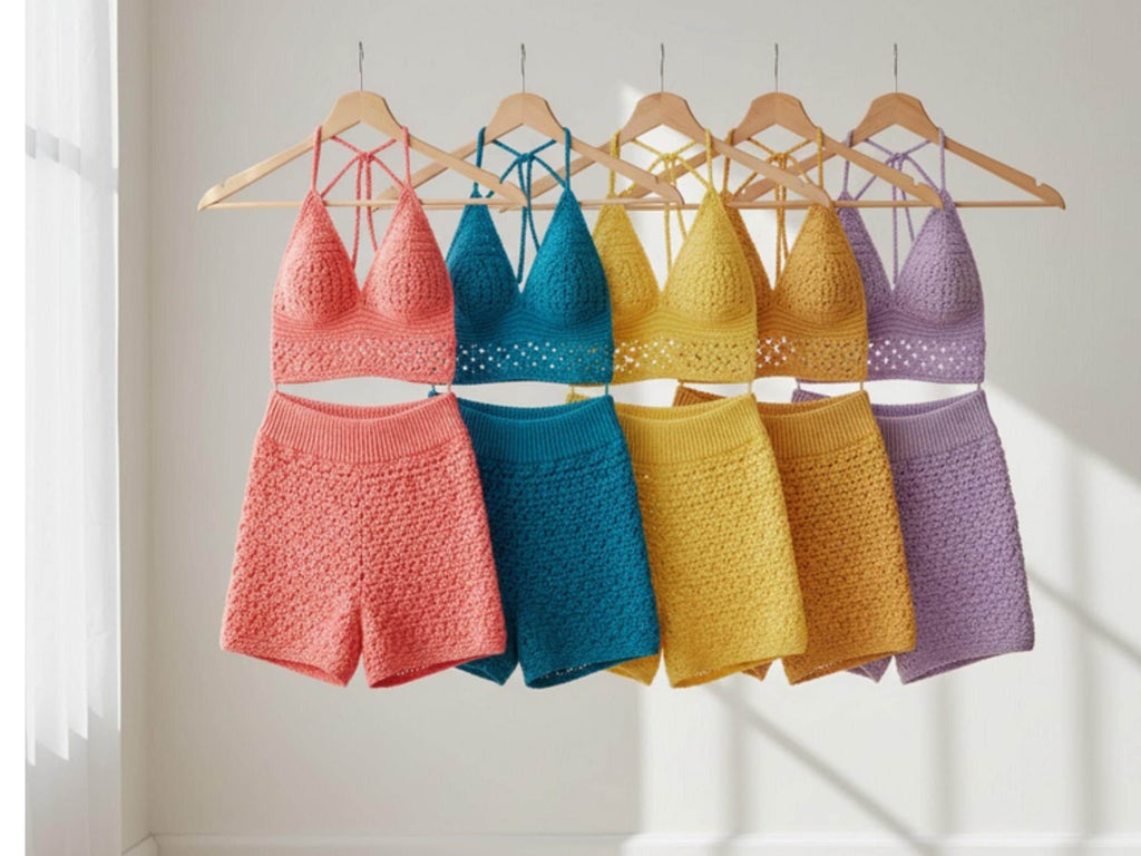 Womens Crochet Crochet Pattern swimsuit coverup Cotton Halter Sun Top & Shorts Set | Vintage Boho Beachwear | Festival Outfit | Pool Party Bikini Bra