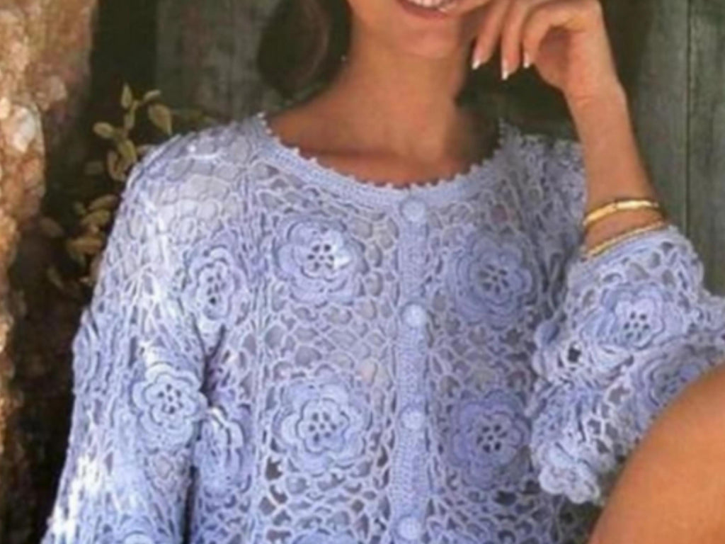 Womens crochet pattern-summer cardigan-Crochet Flower Motif Round Neck Short-Cotton 4 Ply Yarn Vintage
