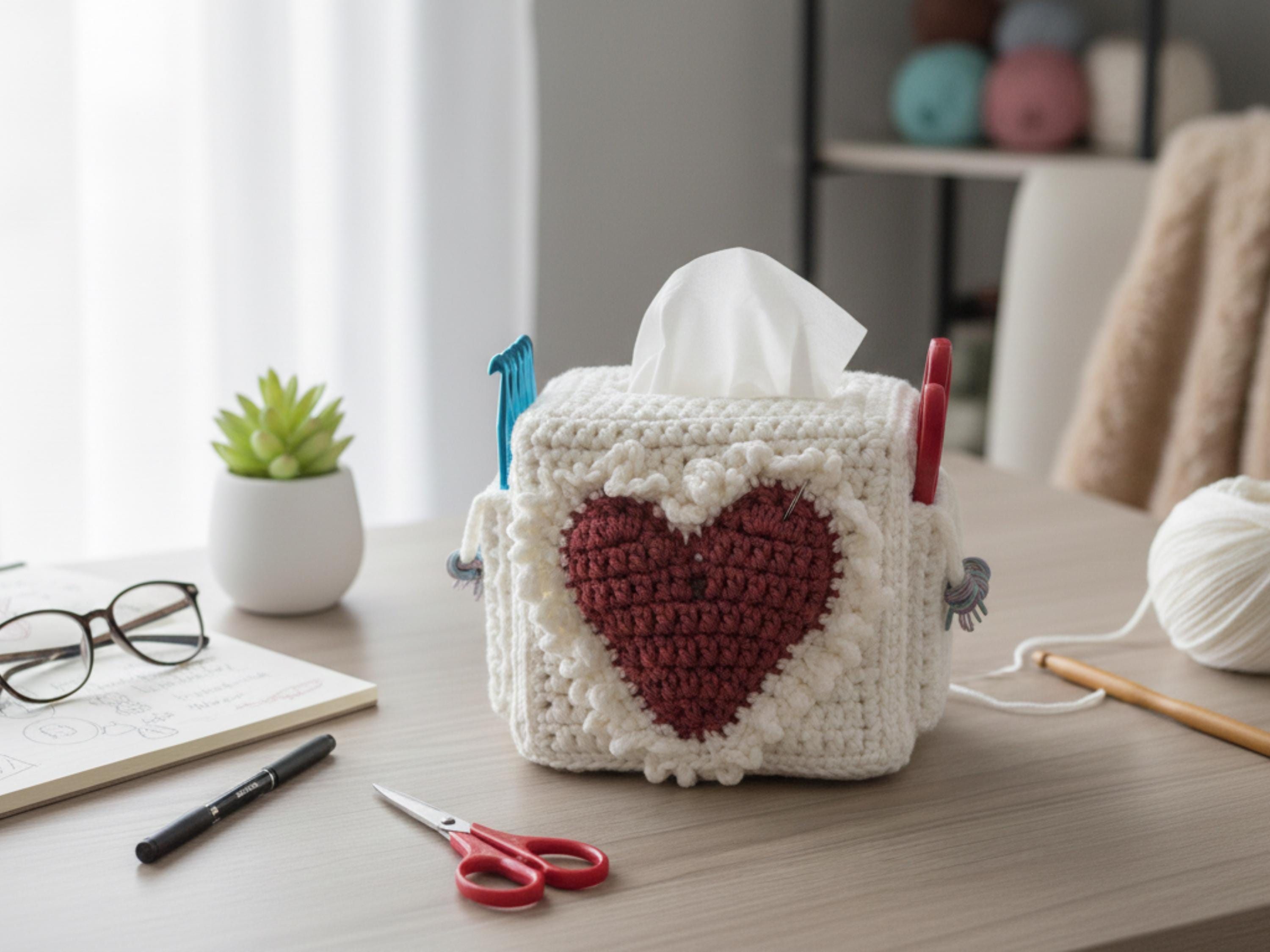 Vintage Crochet Tissue Box Cover Pattern PDF | Heart Design Organizer | Craft Supply Holder | Instant Download | Beginner Friendly