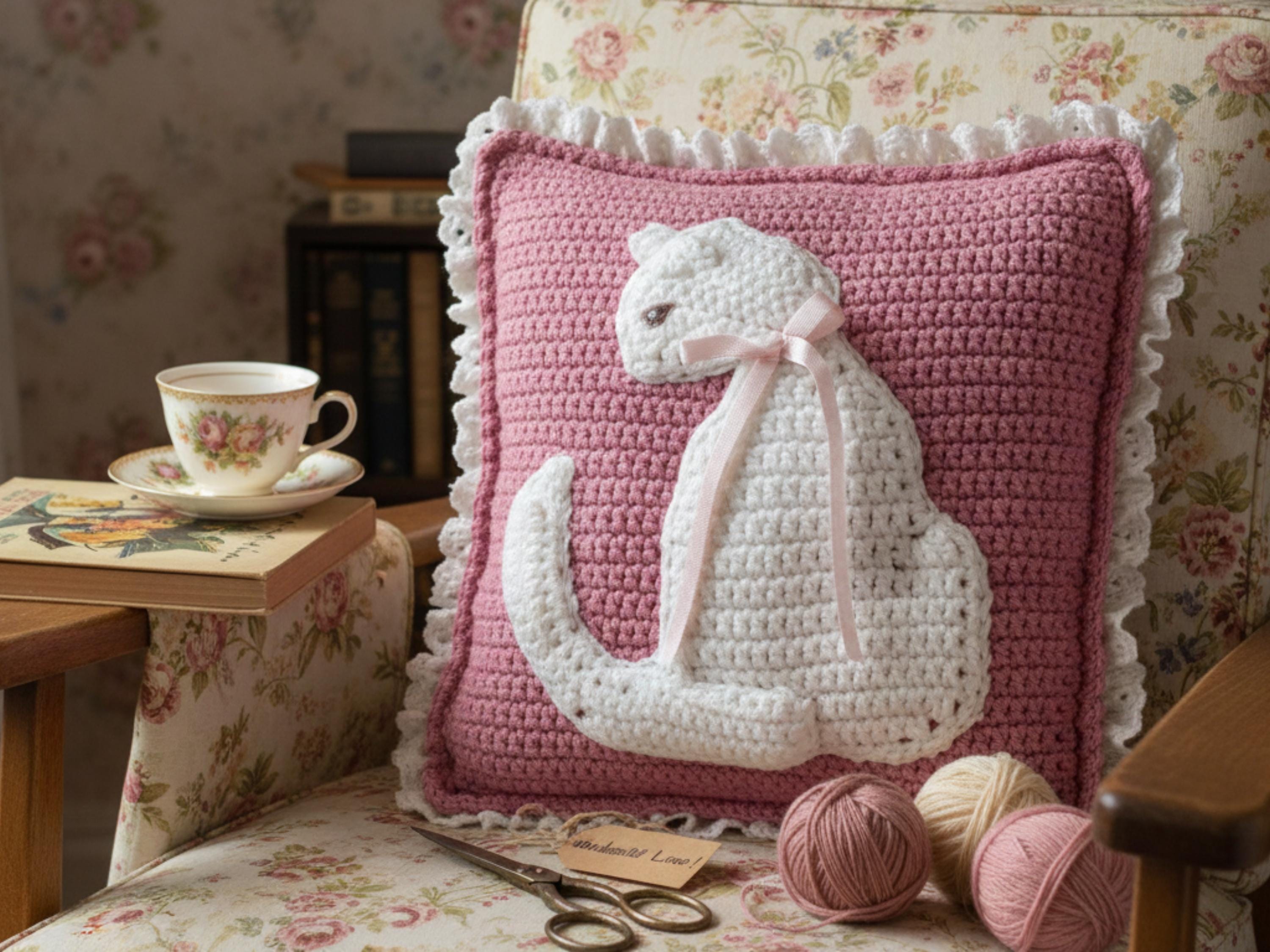 Vintage Cat Pillow Crochet Pattern PDF – 1970s Retro Cat Cushion Pattern – Easy Crochet Home Decor Pattern – Instant Download