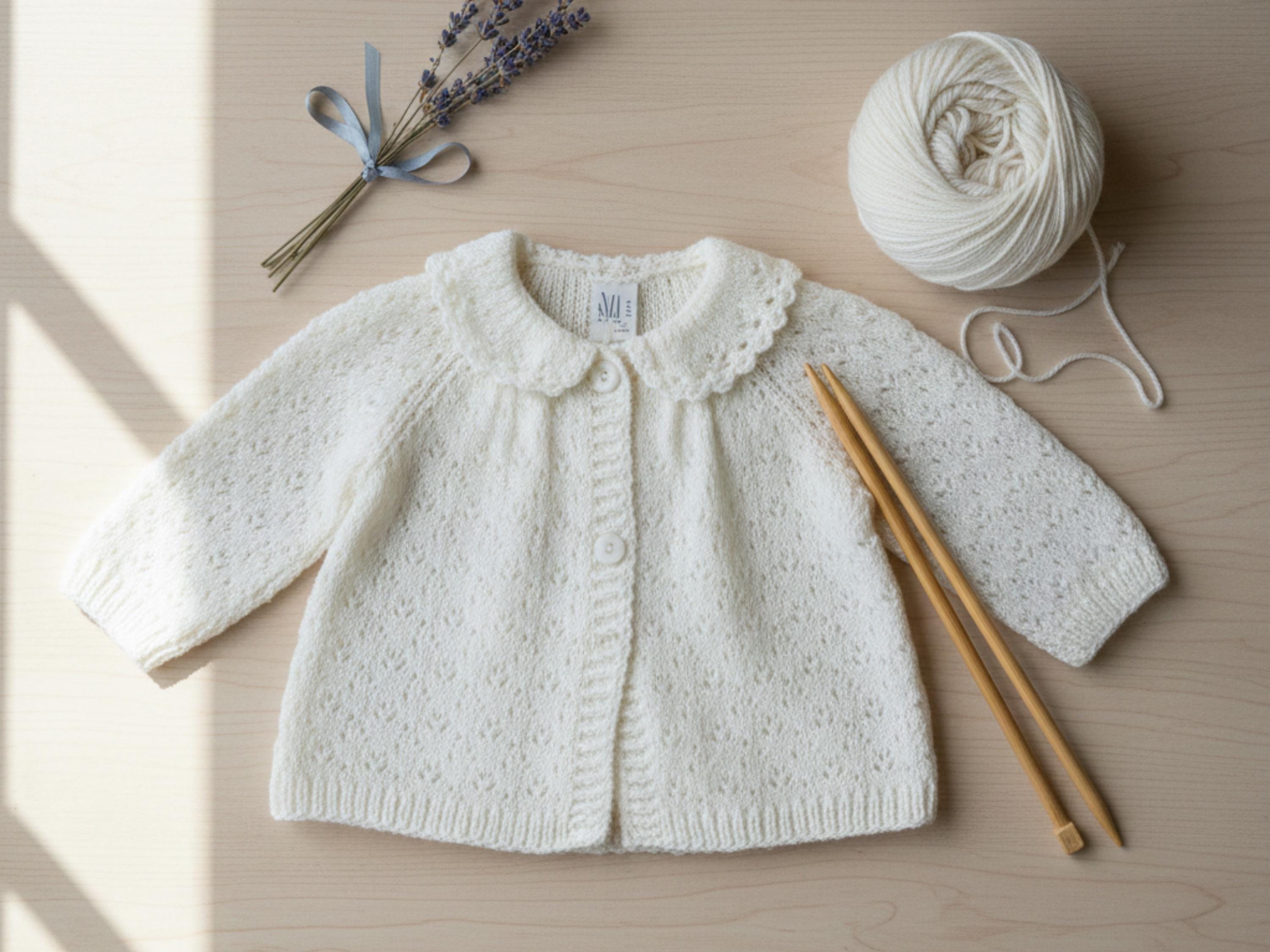 Baby Girl's lacy Matinee coat knitting pattern with Picot collar cardigan Long sleeves