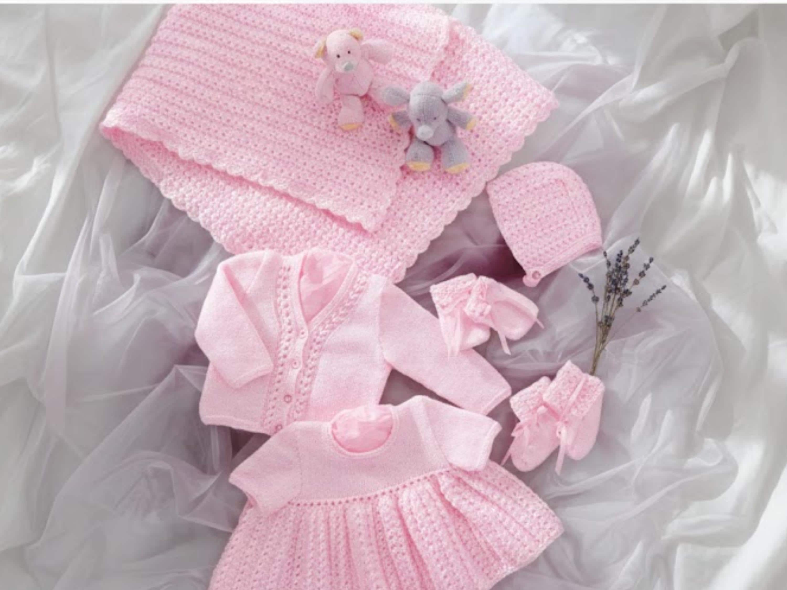 Baby Layette Knitting Pattern – Shawl, Dress, Cardigan, Hat, Mitts, Booties (PDF Pattern)