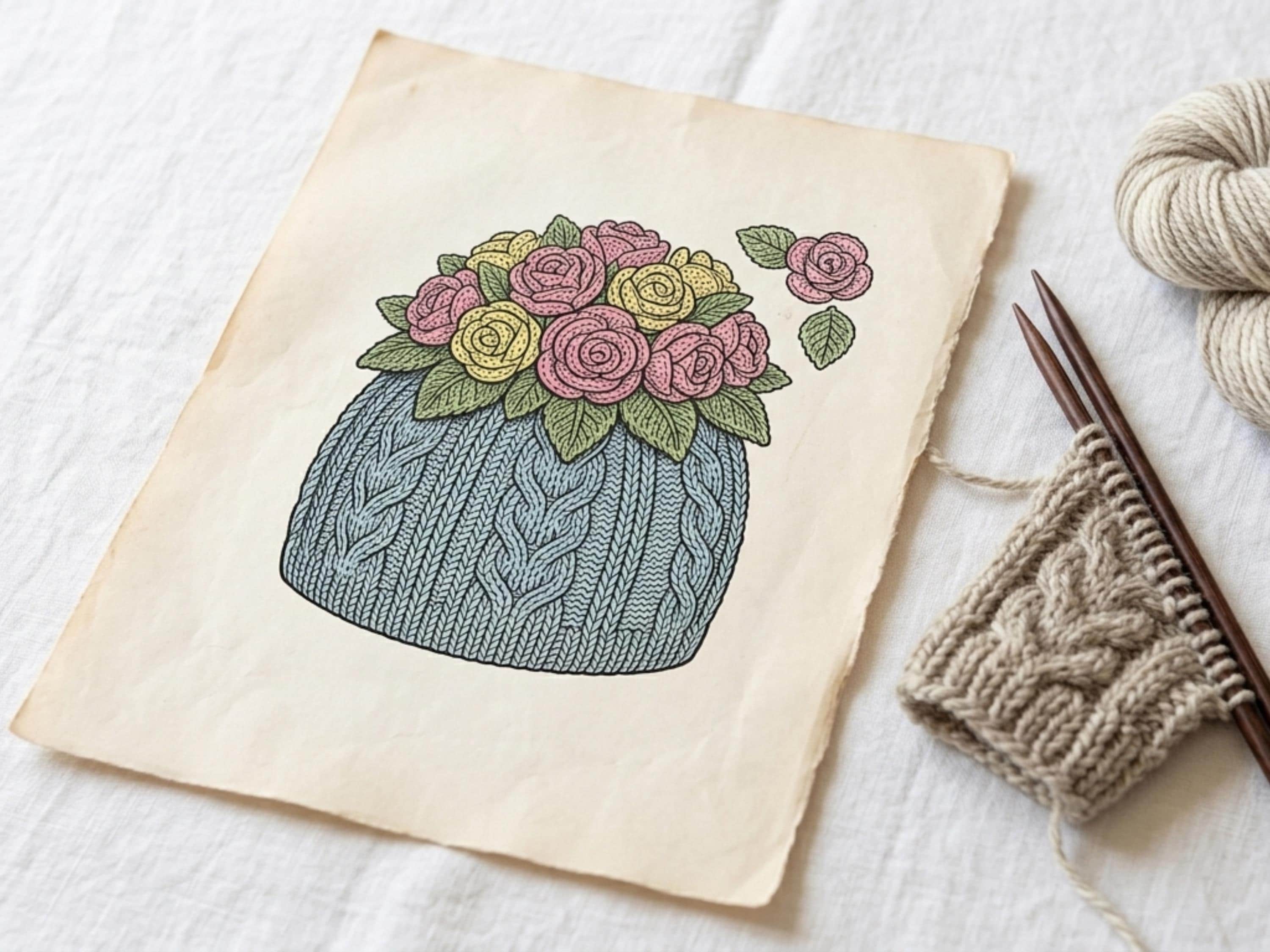 Vintage Floral Tea Cosy Knitting Pattern – English UK Terms (PDF Download)