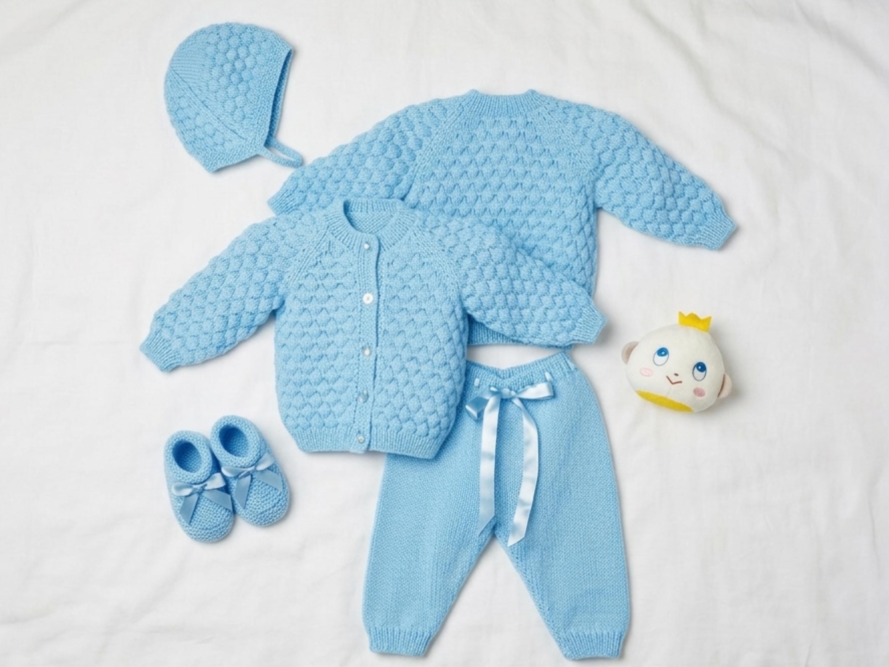 Baby Boy  Knitting Pattern – Bubble Stitch Sweater, Hat, Cardigan, Pants (0-24 Months) (PDF Download)
