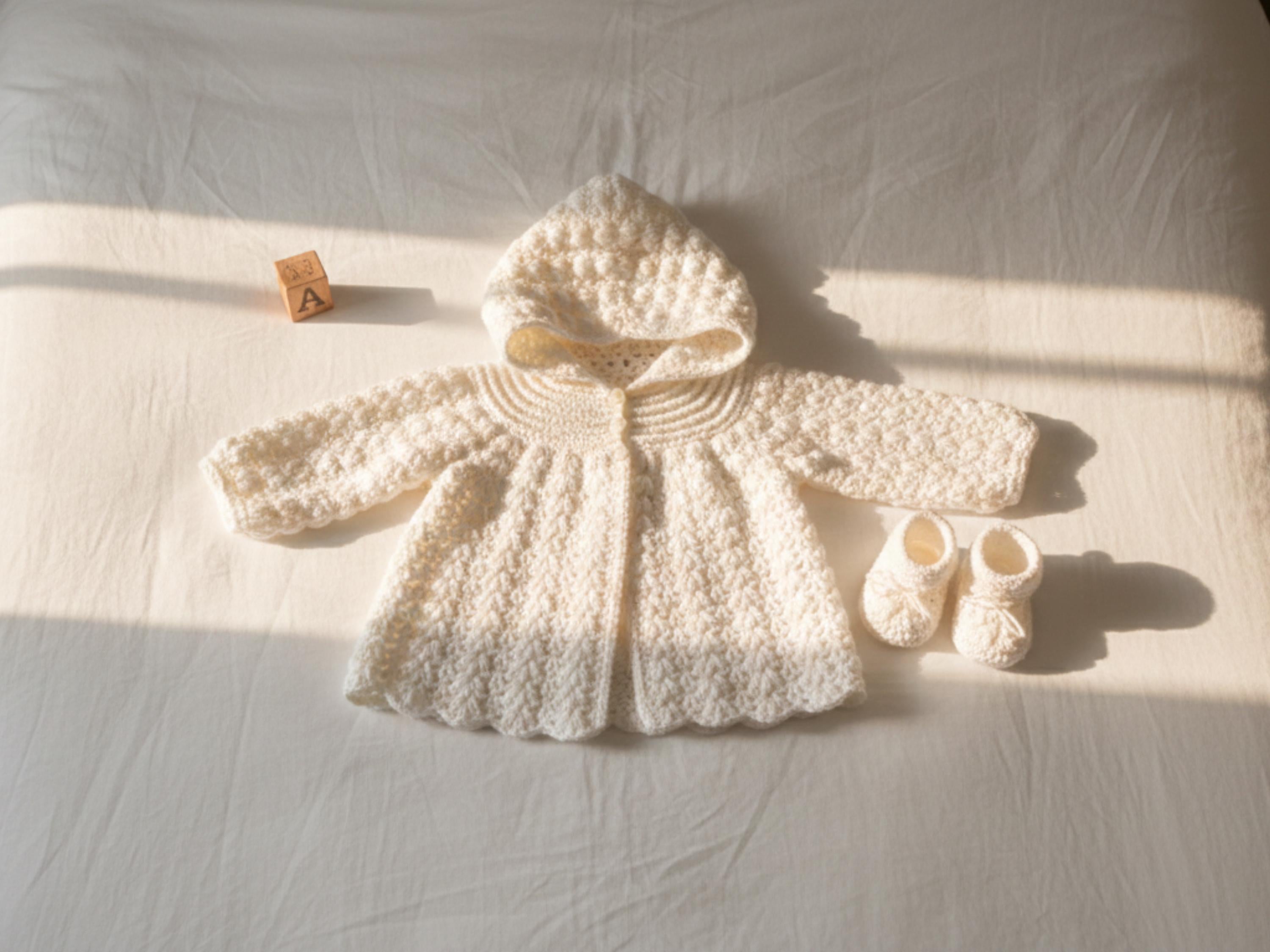 Easy beginner Crochet Pattern PDF Baby Matinee Coat Jacket with Hood -4PLY